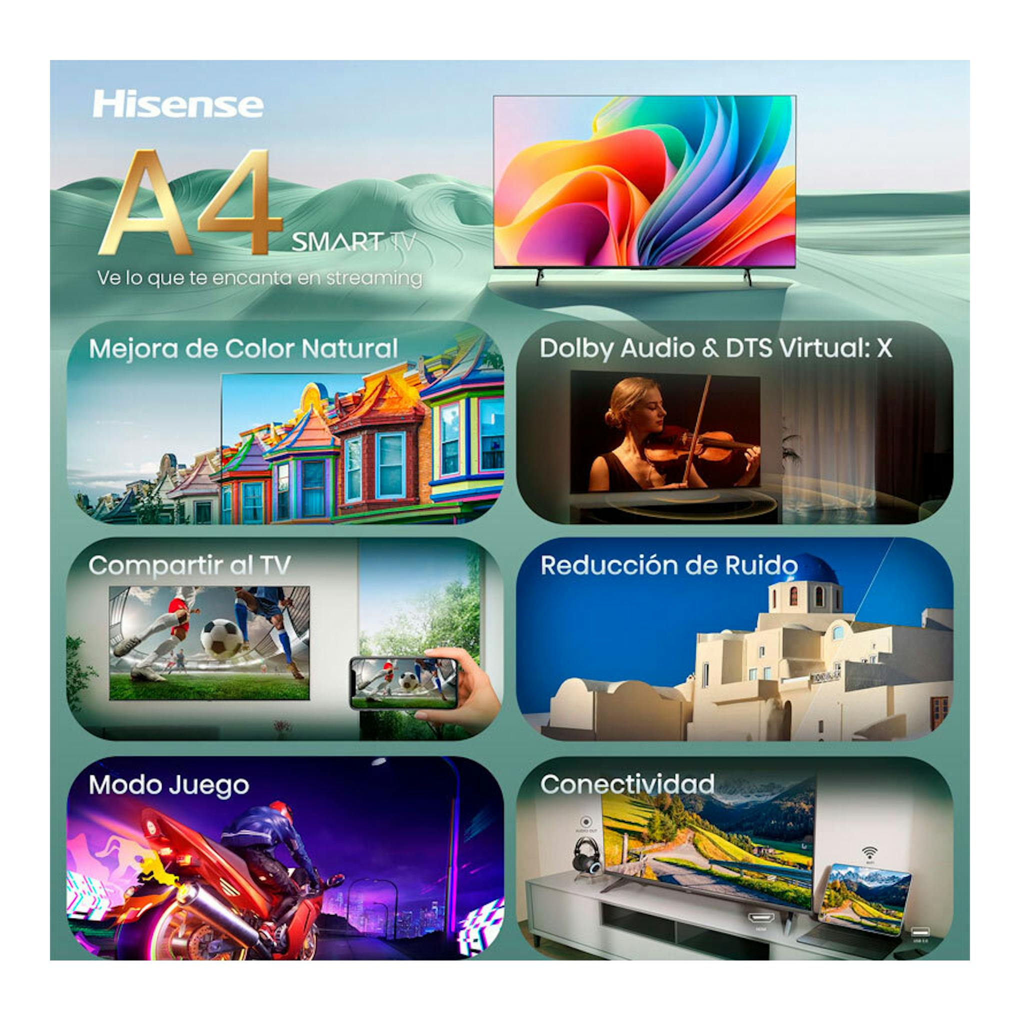 Cartel de Hisense A4 32A4S Smart TV de 32", con televisor y recuadros de color, audio, juego y conectividad.