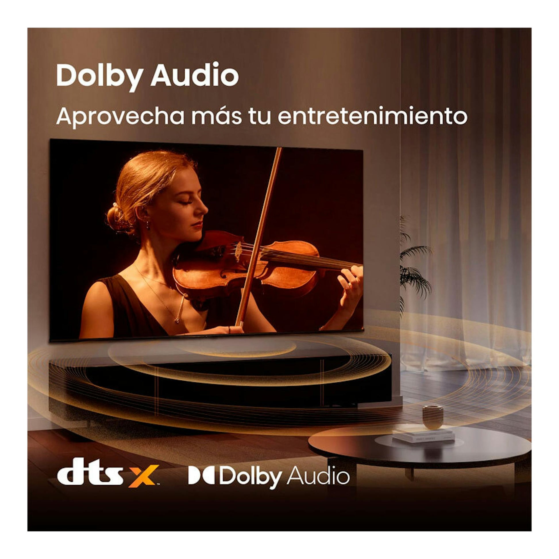 TV Hisense 32A4S negra, vista frontal en sala; muestra una violinista y texto Dolby Audio.