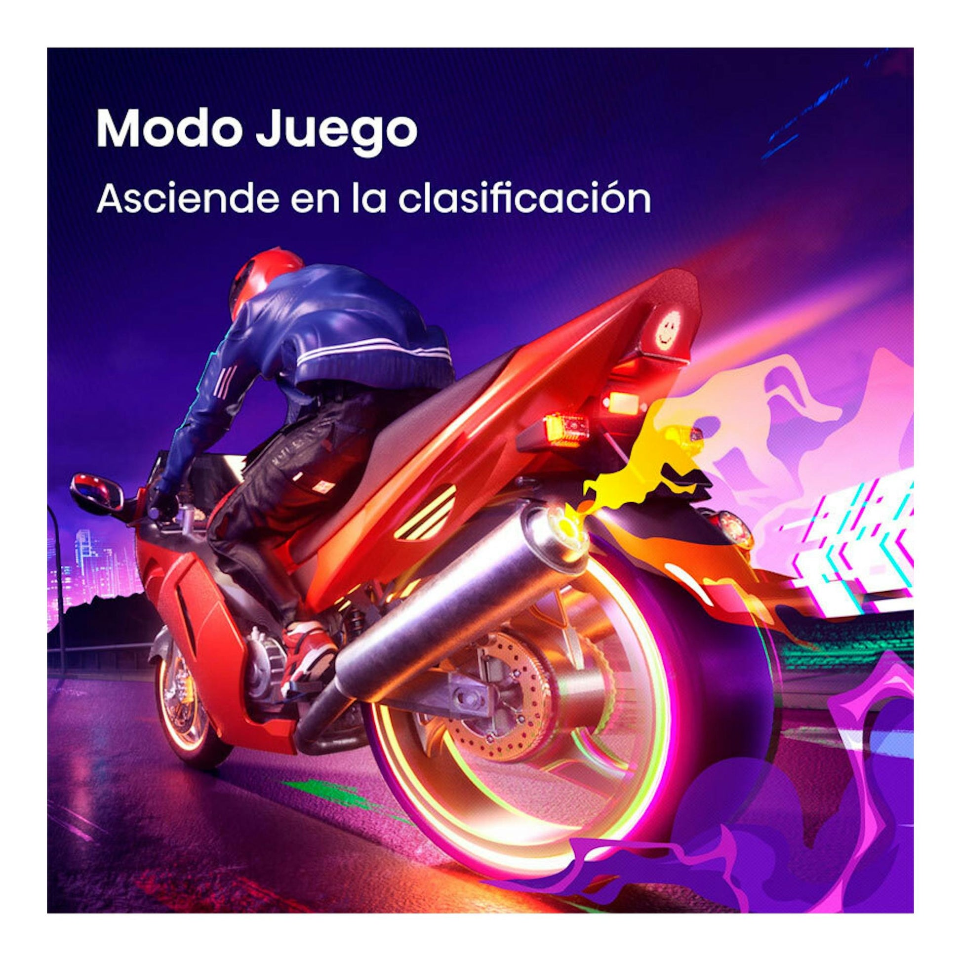 Hisense 32A4S: motociclista en moto roja en gráfico de Modo Juego con fondo morado.