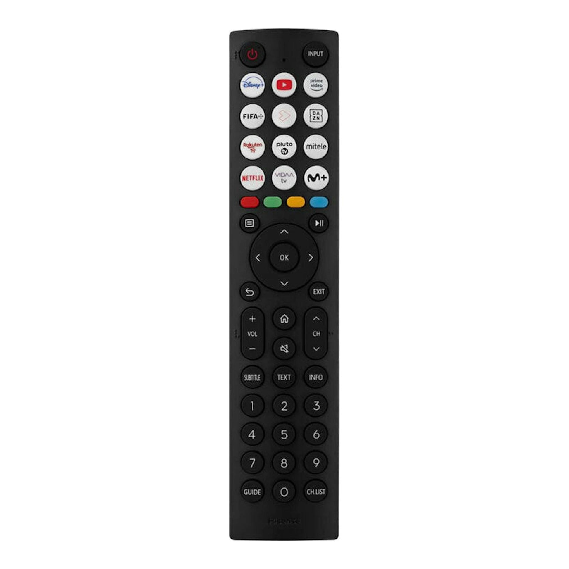Mando a distancia negro de Hisense, vista frontal, con botones de streaming y teclado numérico.