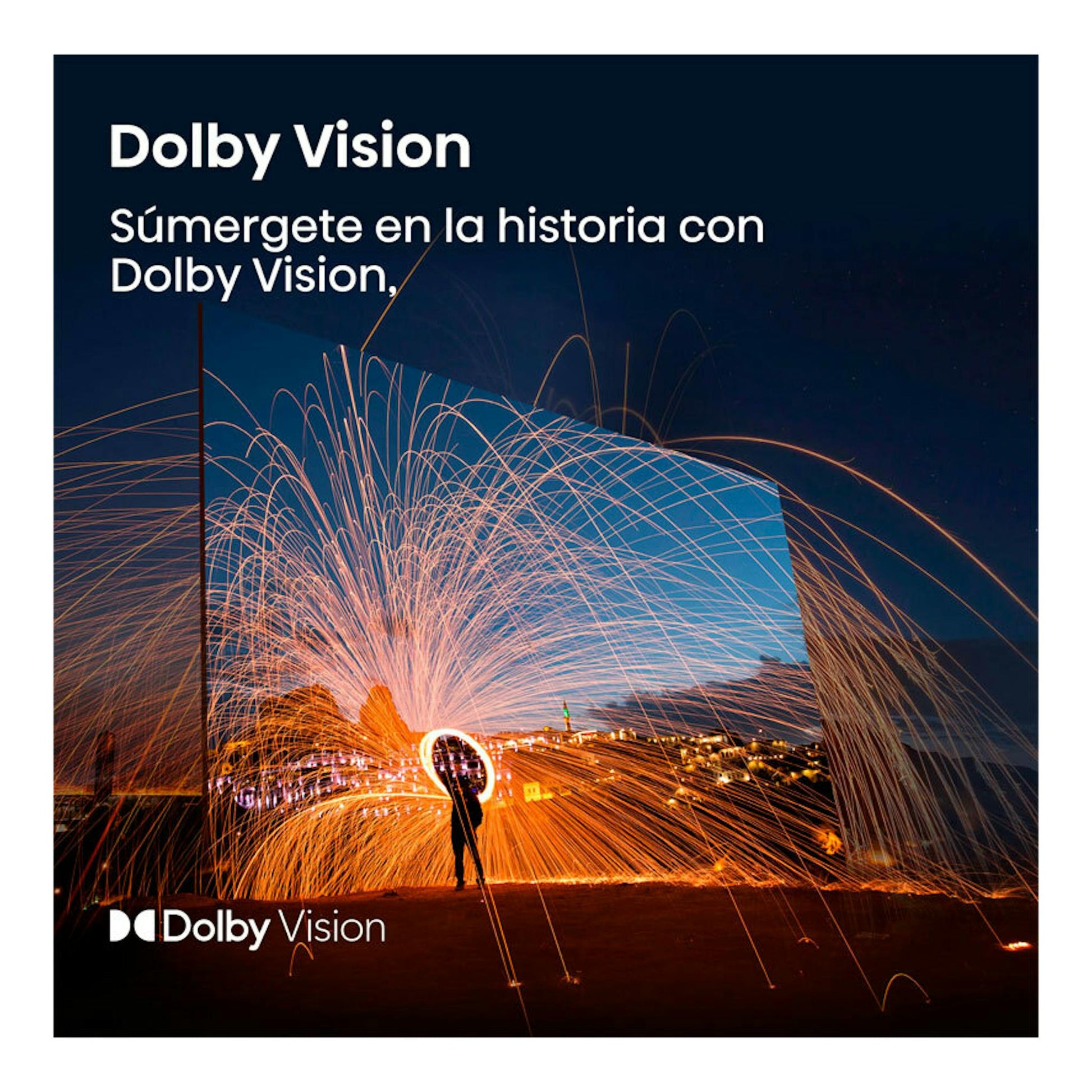 Gráfico promocional de Dolby Vision con escena nocturna y trazos de luz naranja sobre un paisaje.