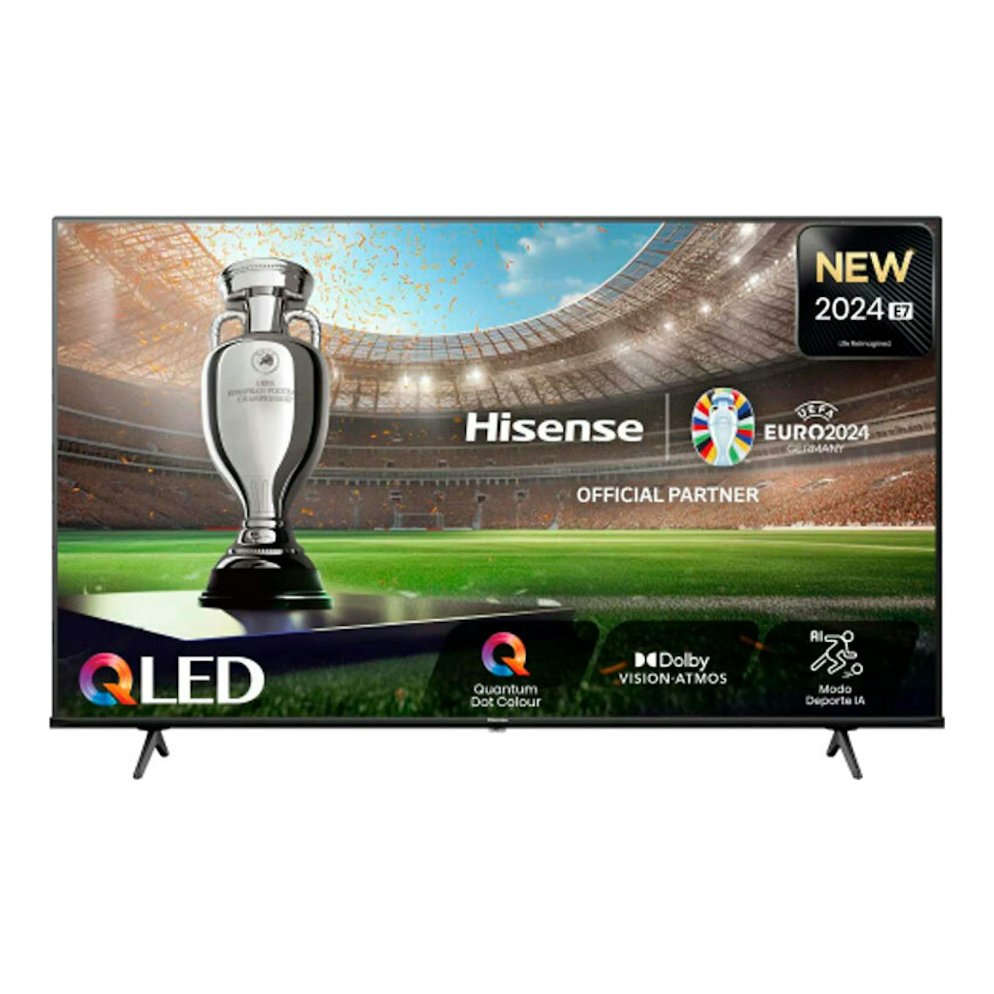 Televisor Hisense 43E77NQ QLED 4K de 43 pulgadas, vista frontal, con patas negras.