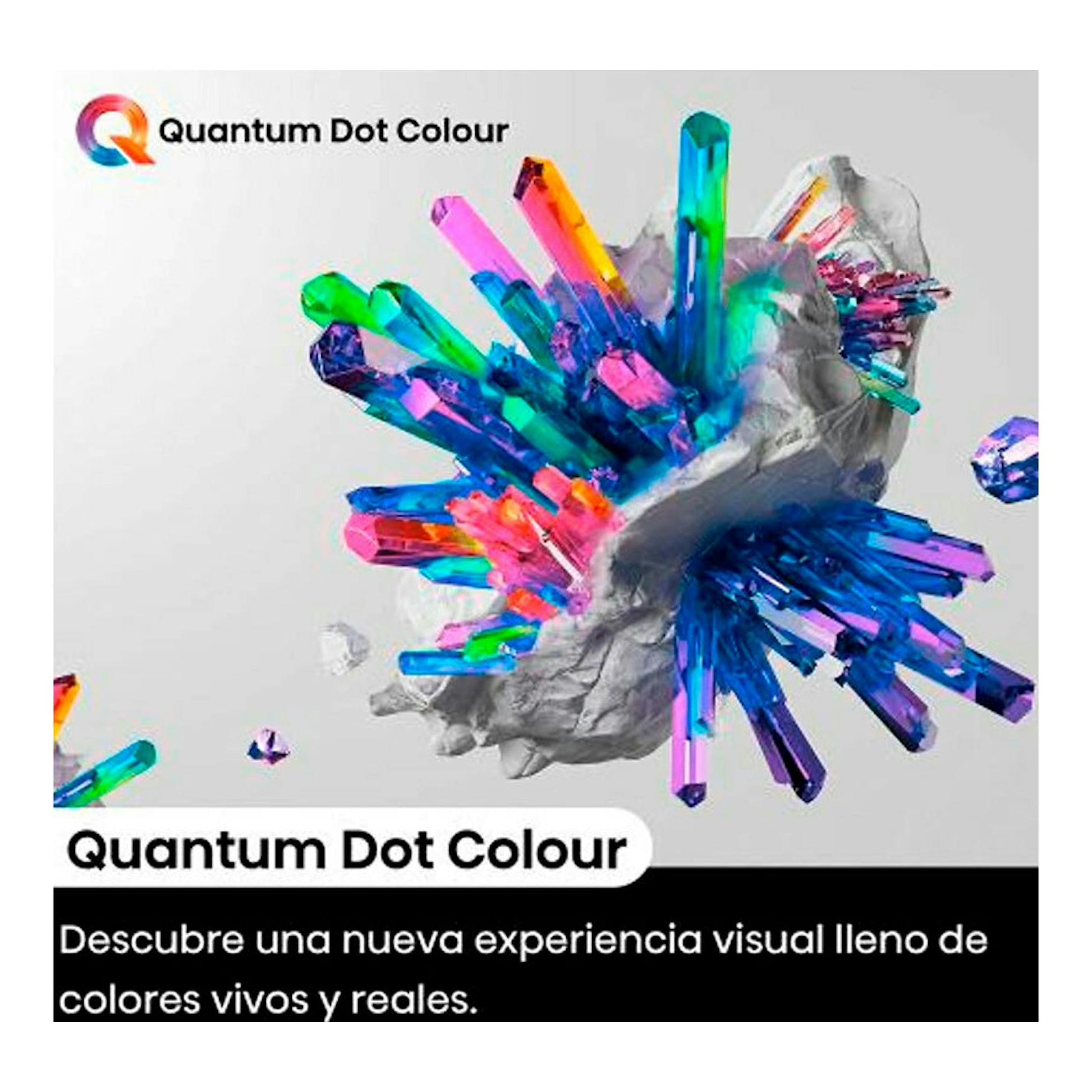Hisense 43E77NQ QLED 4K: gráfico de Quantum Dot Colour con cristales multicolor sobre fondo blanco.