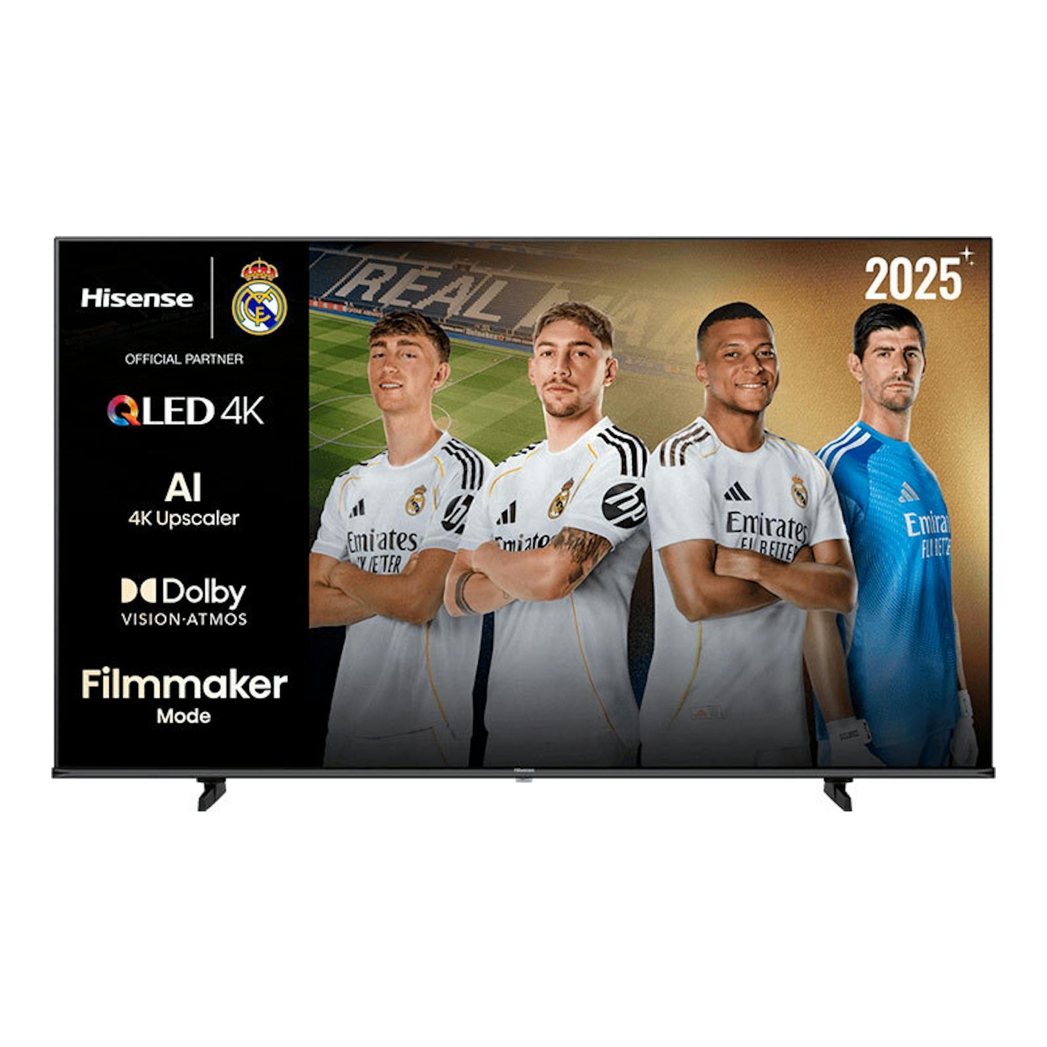 Televisor Hisense 43E77Q QLED 4K, vista frontal, pantalla con cuatro jugadores y soporte negro.