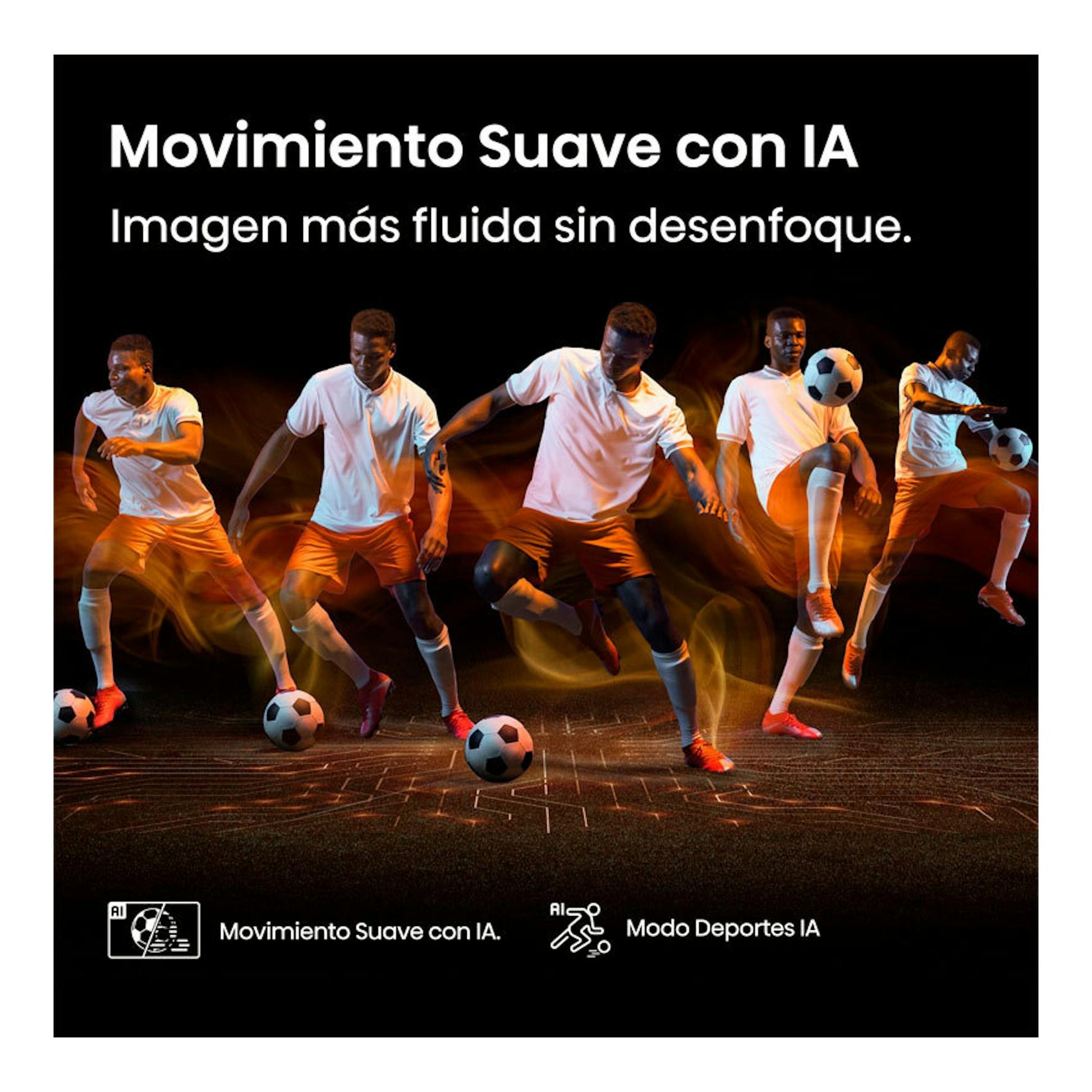 Anuncio de Hisense 43E77Q: futbolistas en movimiento sobre fondo negro, con texto “Movimiento Suave con IA”.