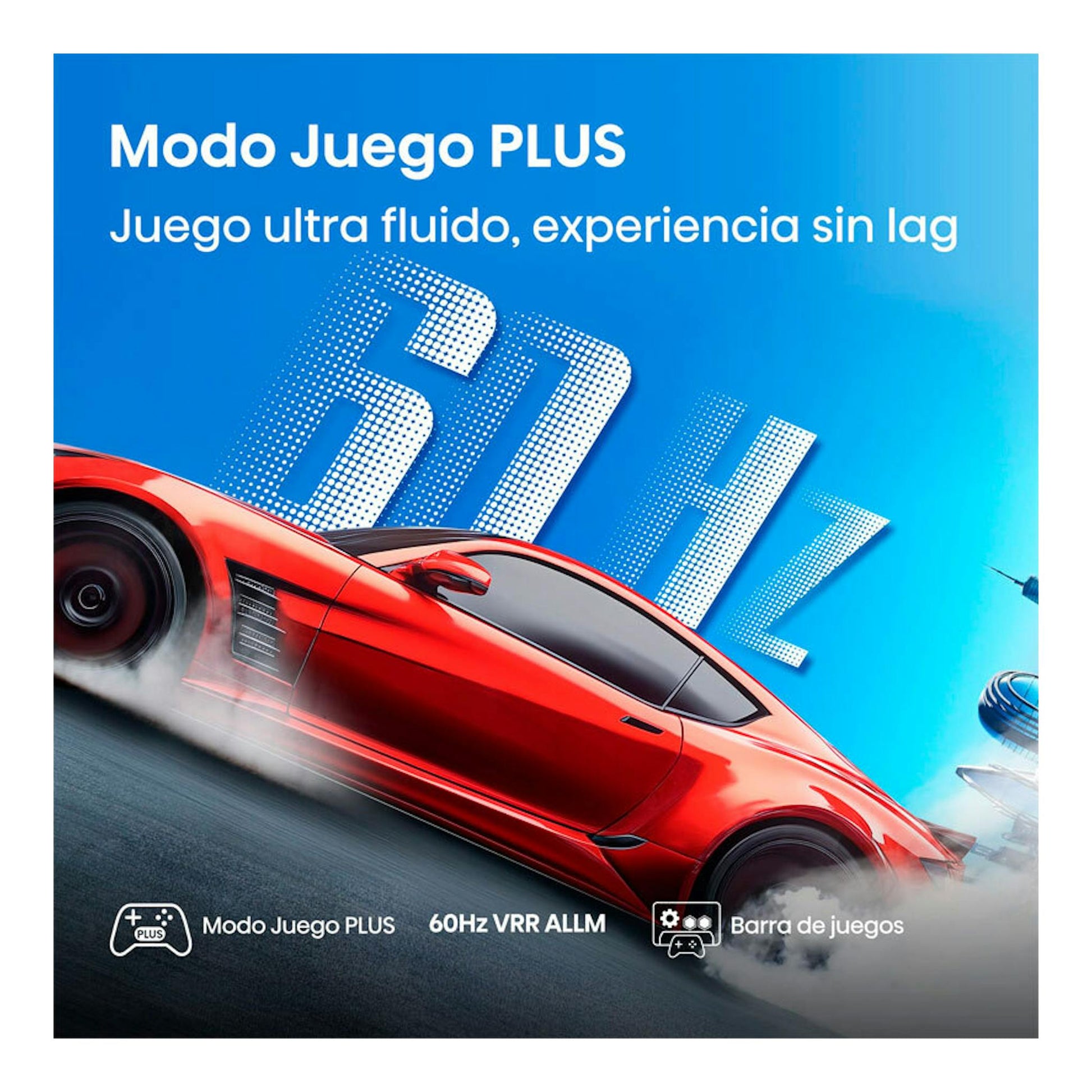 Hisense 43E77Q: gráfico promocional con coche rojo, texto “Modo Juego PLUS” y fondo azul con “60Hz VRR ALLM”.