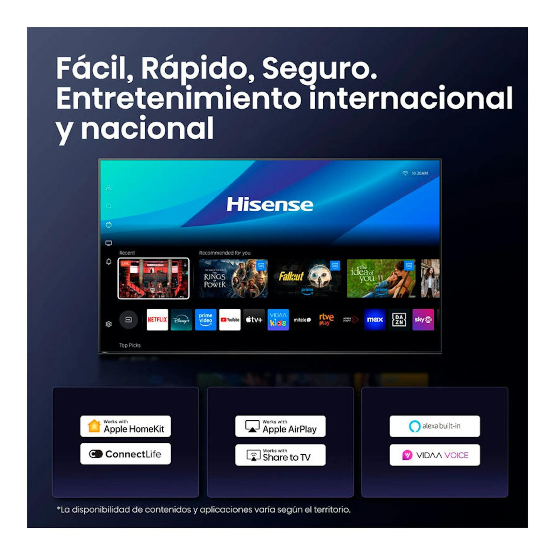 Hisense 43E77Q QLED 4K de 43", vista frontal, con pantalla de inicio y fondo oscuro.