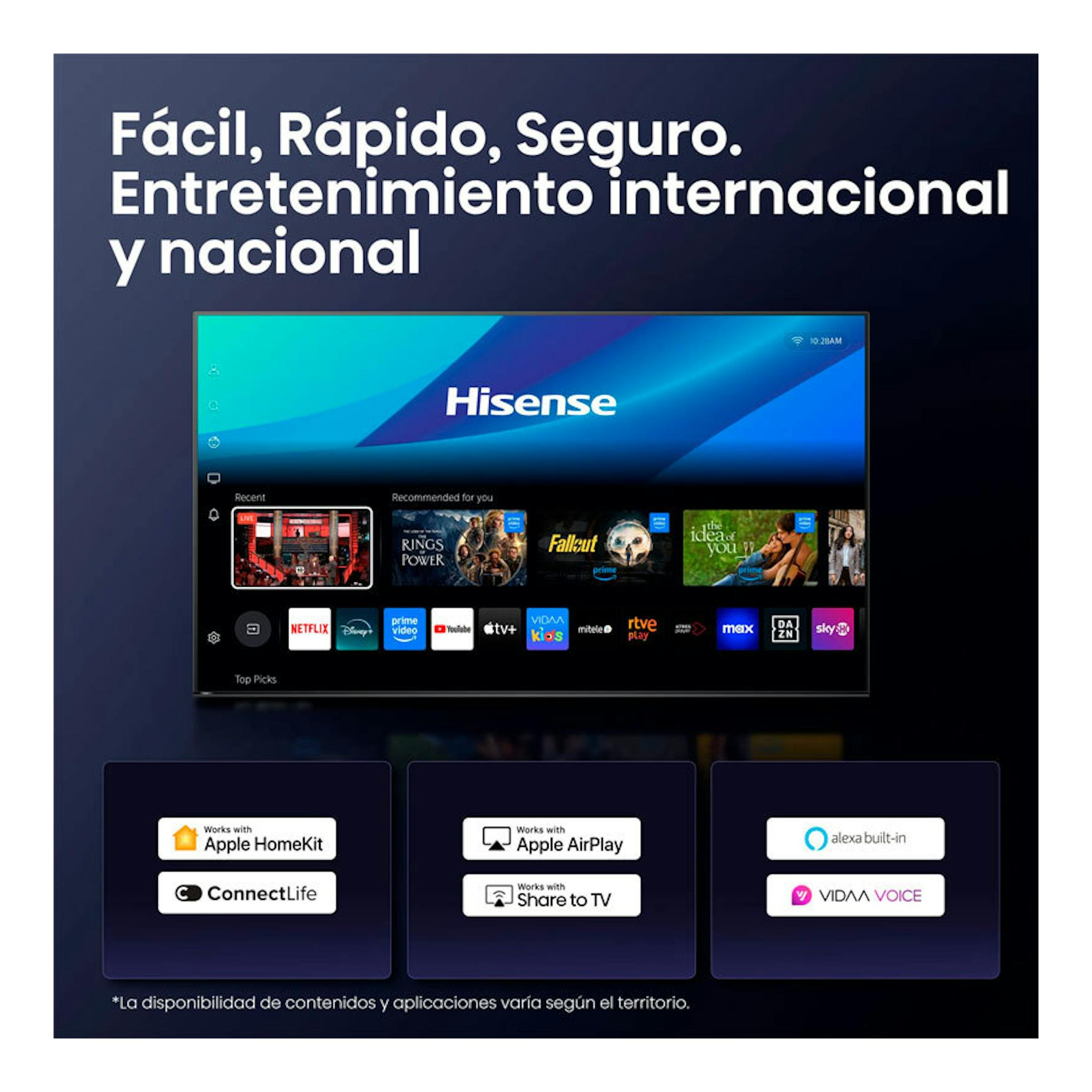 Hisense 43E77Q QLED 4K de 43", vista frontal, con pantalla de inicio y fondo oscuro.