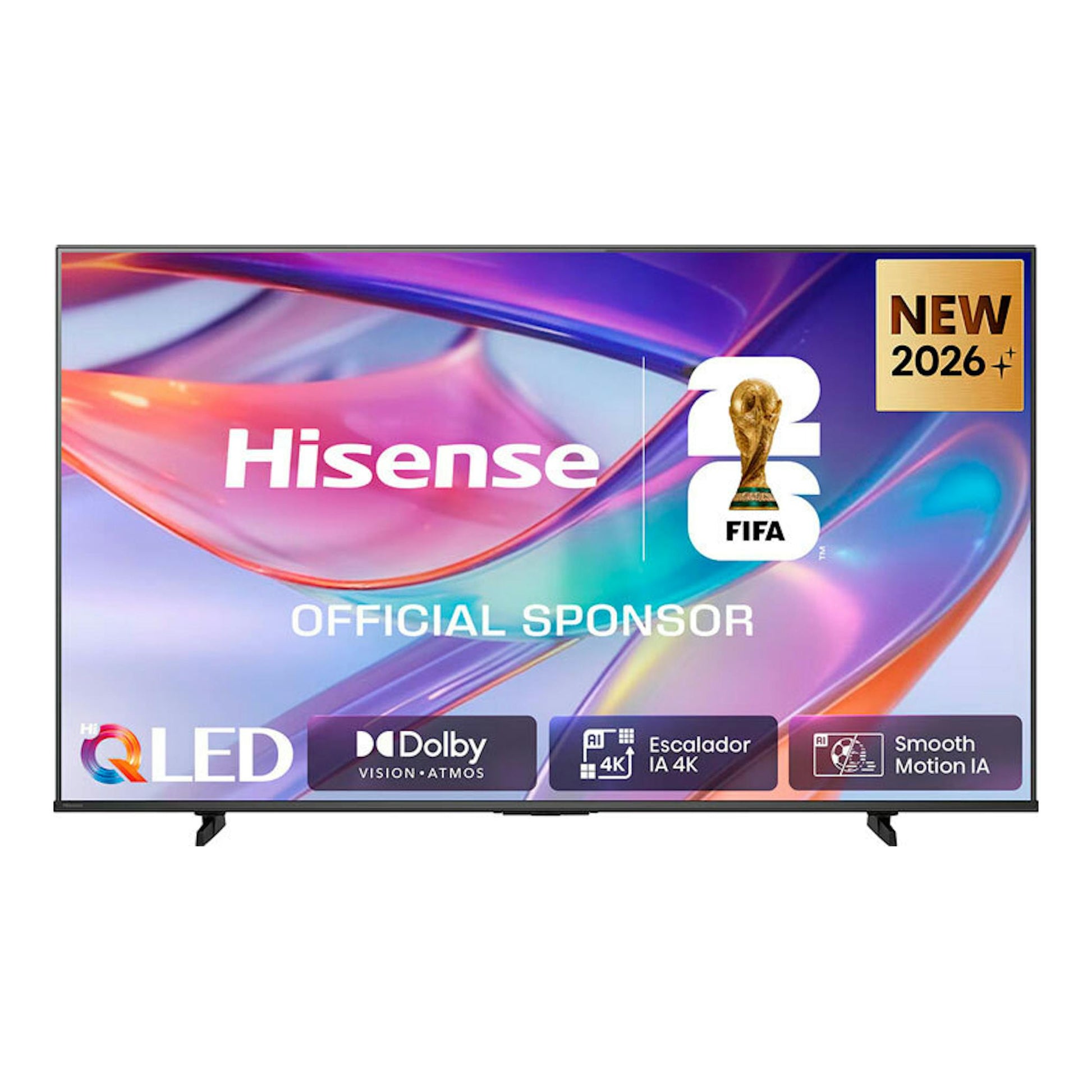 Hisense 43Q7S QLED 4K de frente, con pantalla encendida, logos FIFA y “New 2026”.
