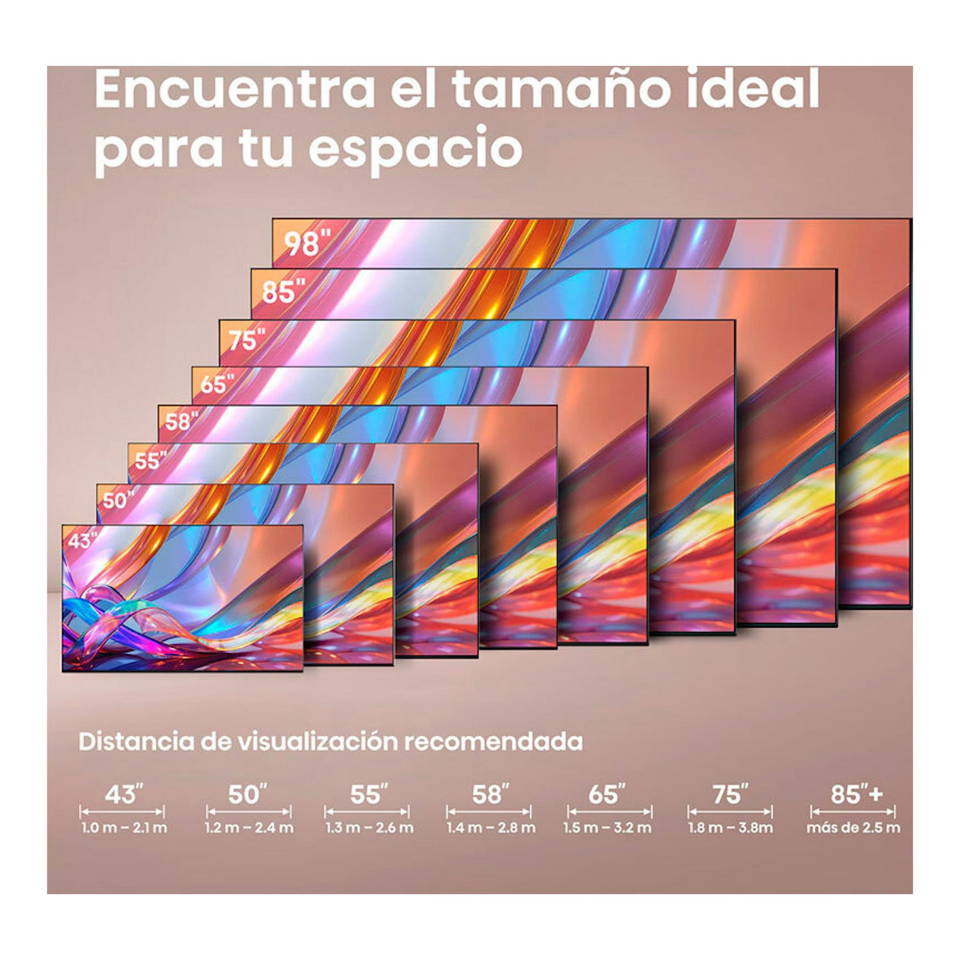 Infografía de Hisense 43Q7S con televisores de 43 a 98 pulgadas y distancias de visualización recomendadas.