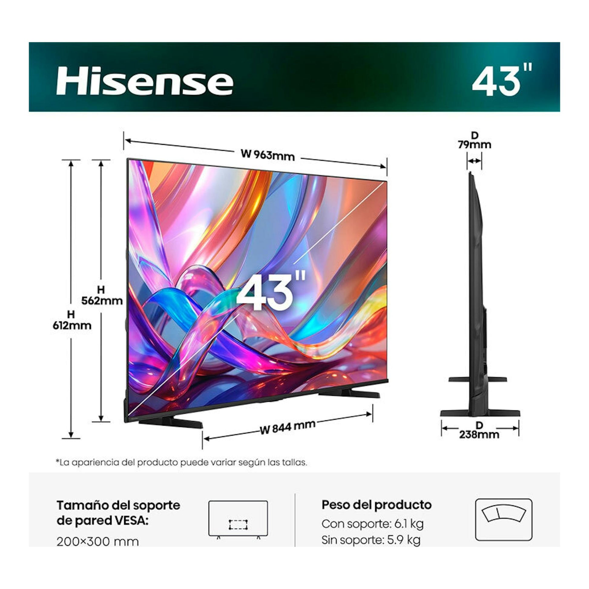 Hisense 43Q7S, TV de 43", vista frontal y lateral en negro, con medidas y soporte VESA.
