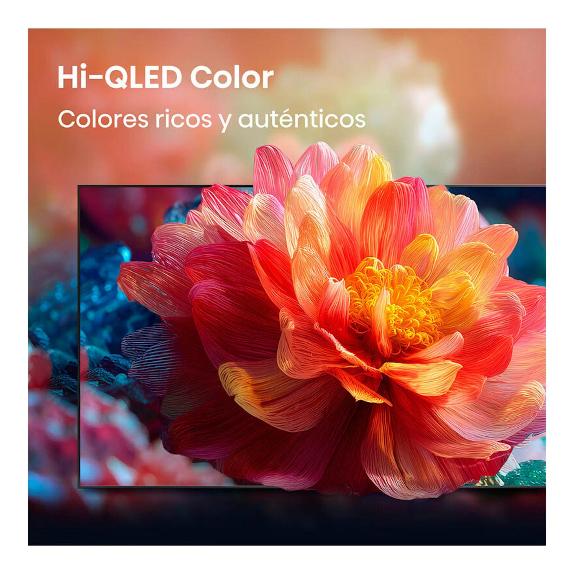 Hisense 43Q7S QLED 4K de 43", vista frontal con flor multicolor y texto Hi-QLED Color.