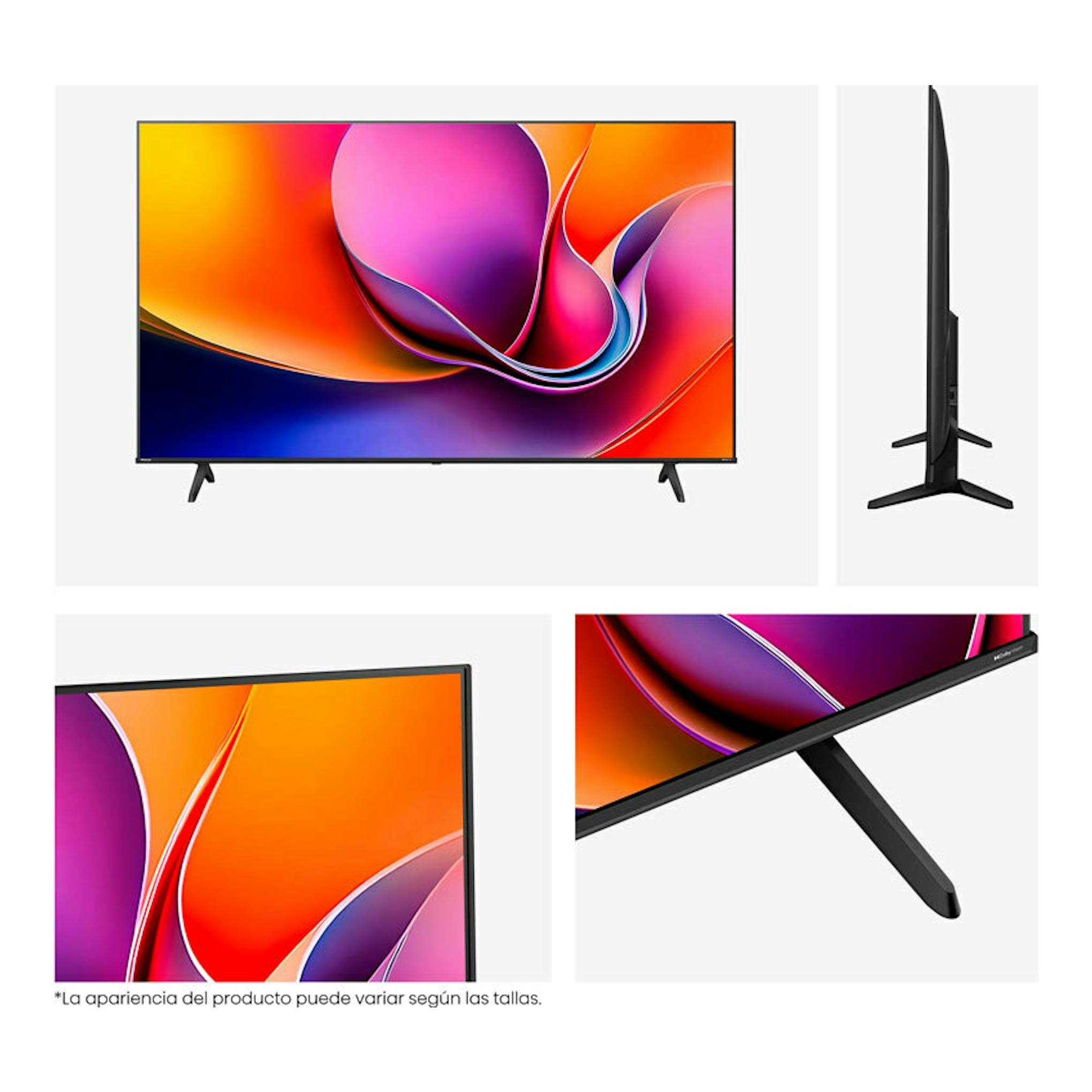 Televisor Hisense 50A6Q LED 4K de 50", vista frontal y lateral, color negro, con patas.
