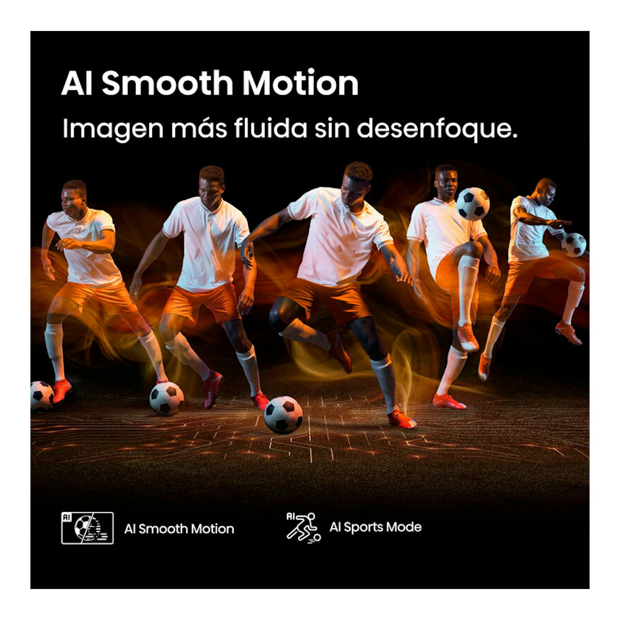 Anuncio de TV Hisense 50A6Q con futbolistas en movimiento y texto “AI Smooth Motion” sobre fondo negro.