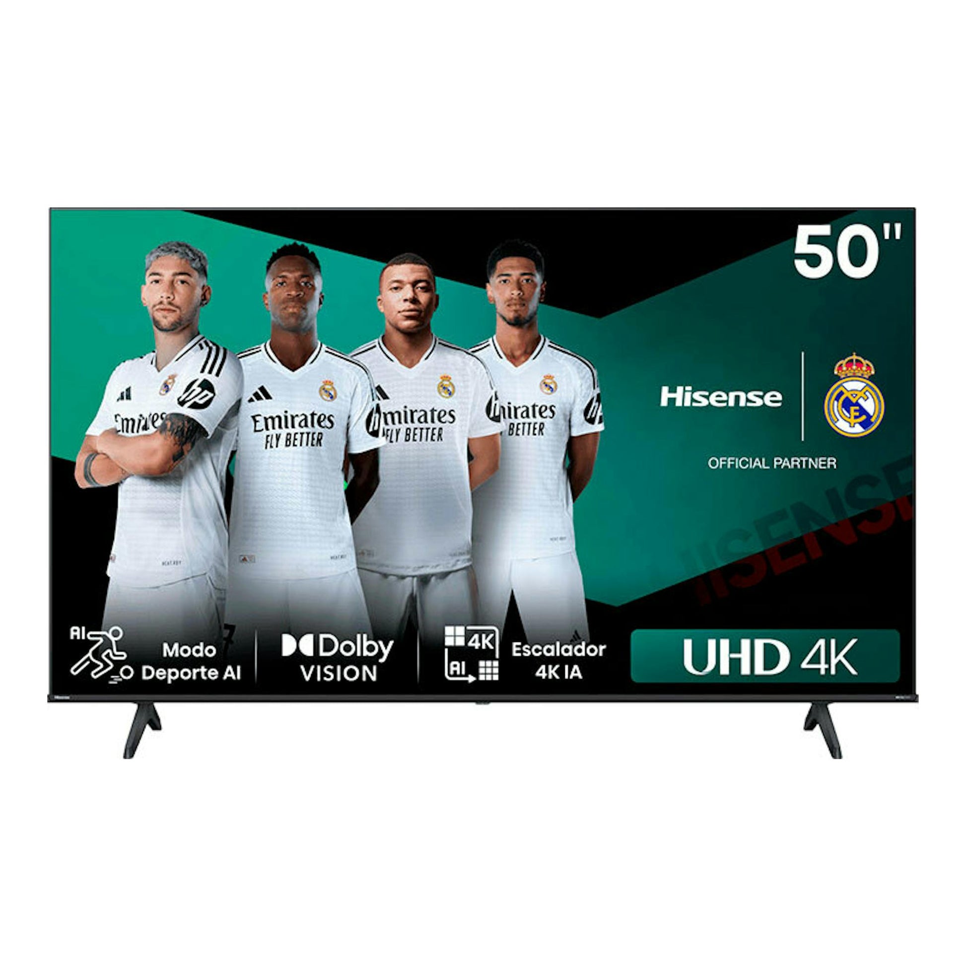 TV Hisense 50E6NT de 50", vista frontal, marco negro y patas laterales, con imagen promocional.