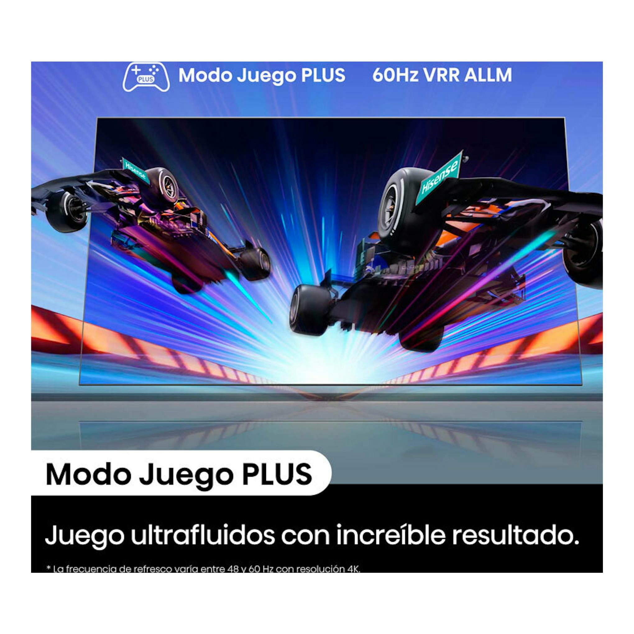 Hisense 50E6NT, televisor 4K en vista frontal con autos de carreras y texto “Modo Juego PLUS”.