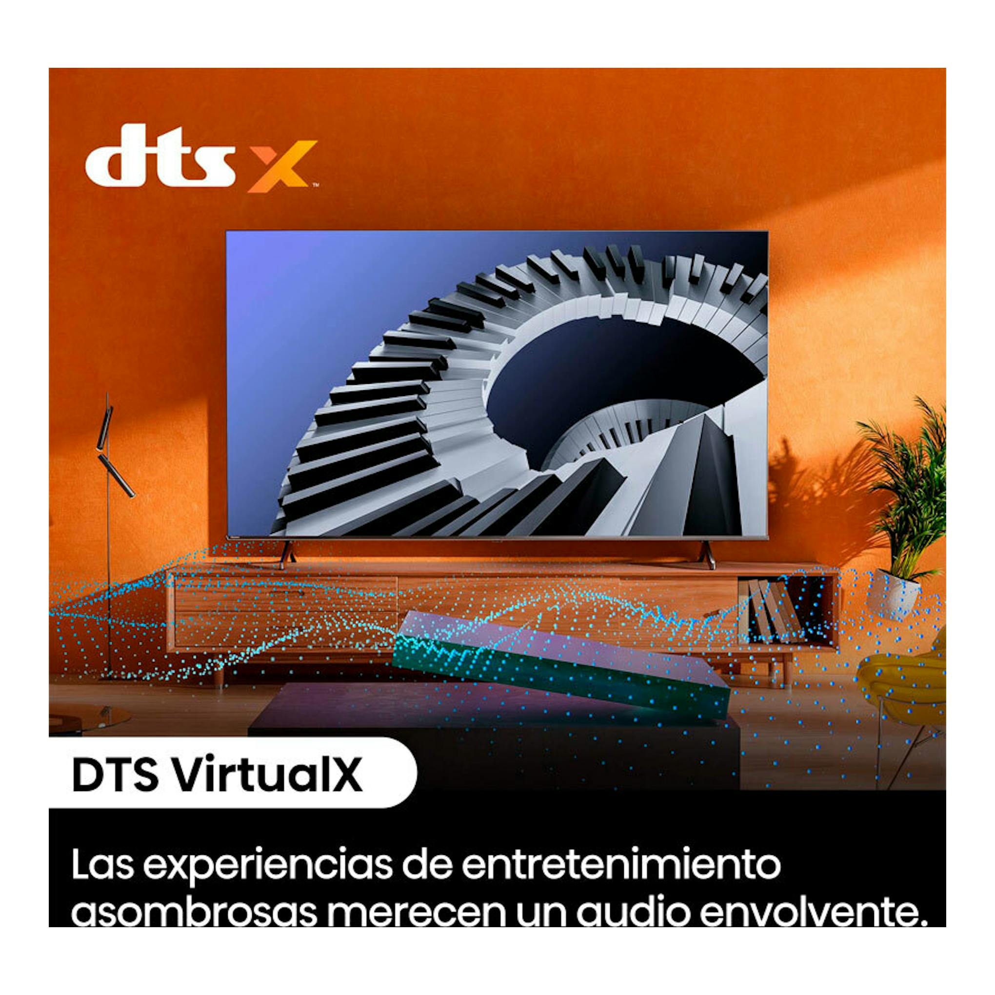Hisense 50E6NT: televisor LED 4K de 50 pulgadas sobre mueble, con imagen de escalera en espiral y DTS VirtualX.