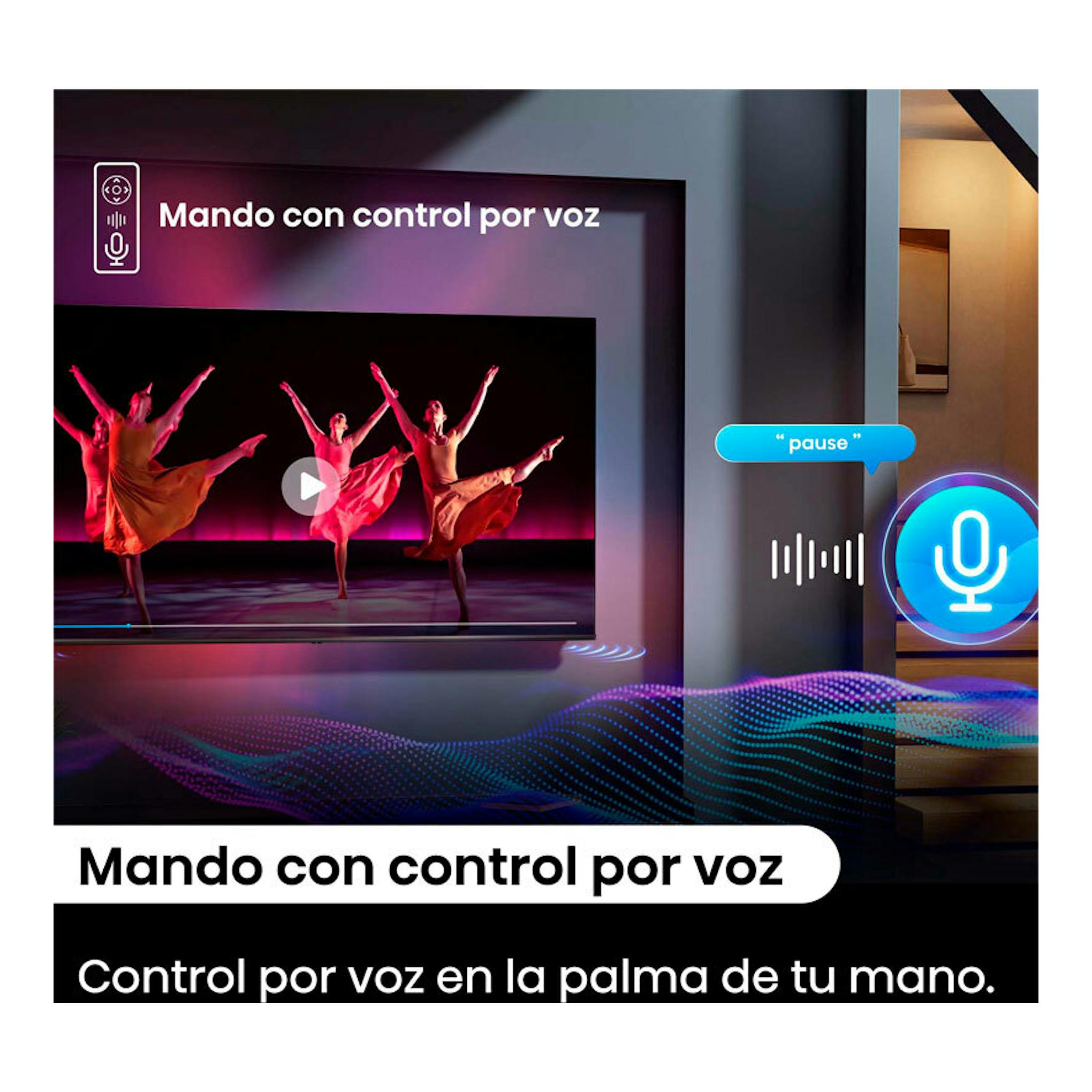 Hisense 50E6NT: televisor LED 4K de 50 pulgadas, vista frontal, con texto de control por voz.