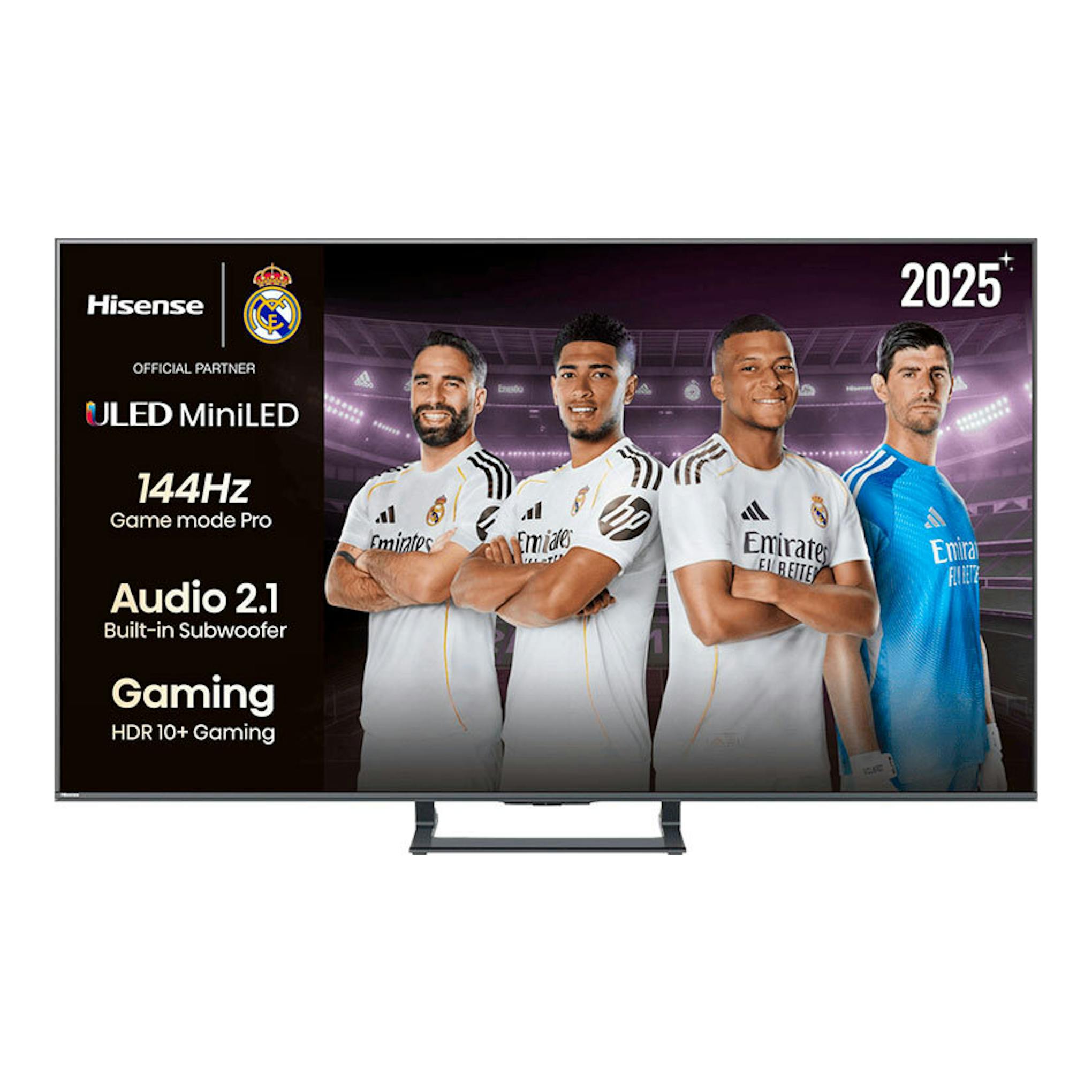 Televisor Hisense 50E8Q MiniLED 4K de 50", vista frontal, con soporte y pantalla con futbolistas.