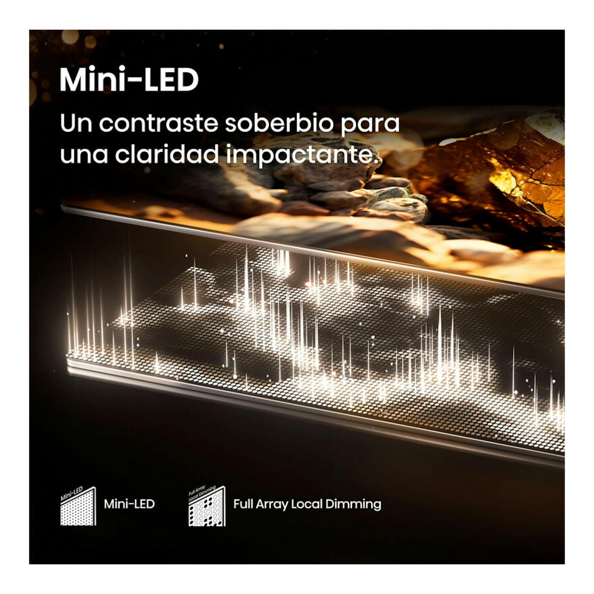 Hisense 50E8Q Mini-LED 4K de 50 pulgadas, vista en corte con iluminación interna y texto sobre contraste.
