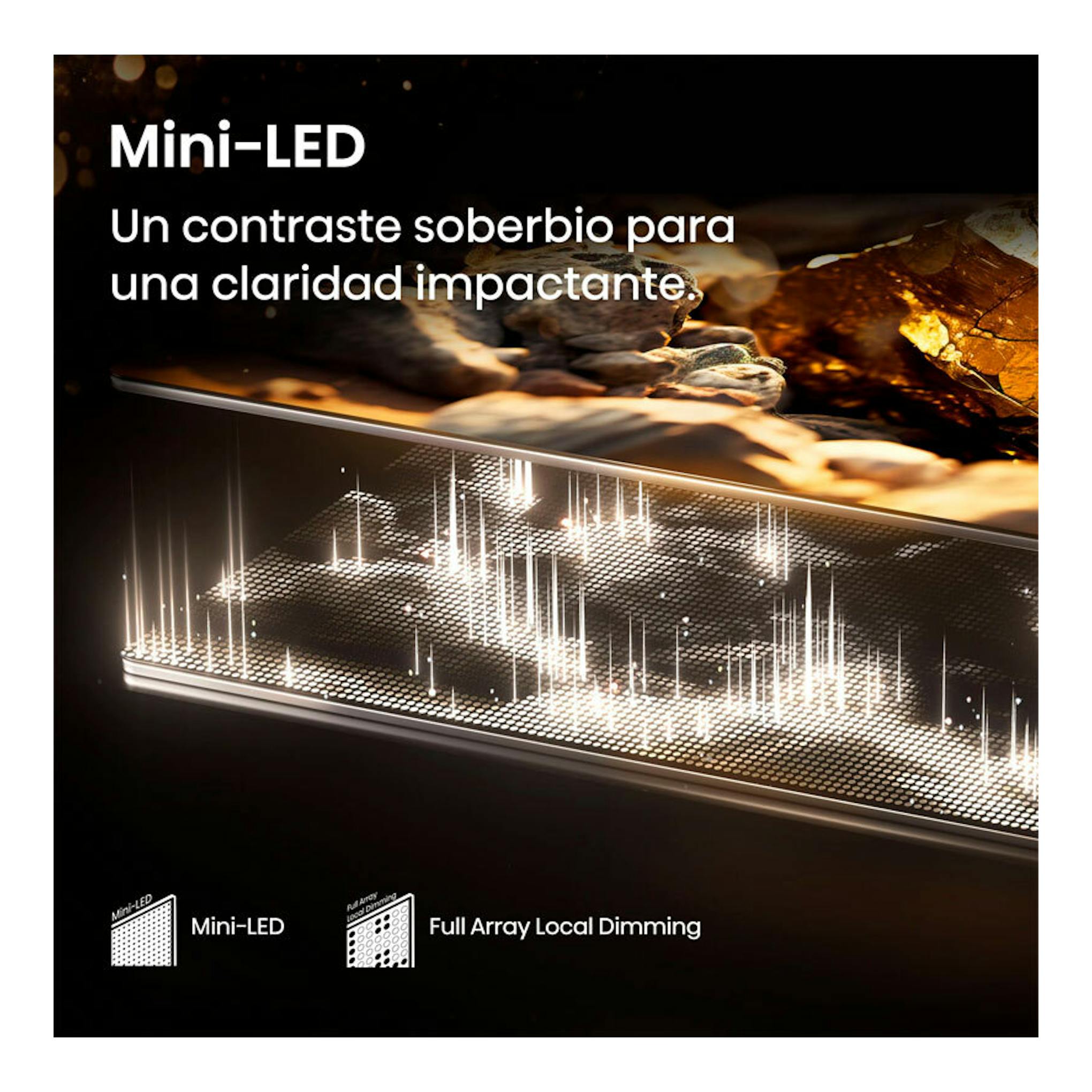 Hisense 50E8Q Mini-LED 4K de 50 pulgadas, vista en corte con iluminación interna y texto sobre contraste.