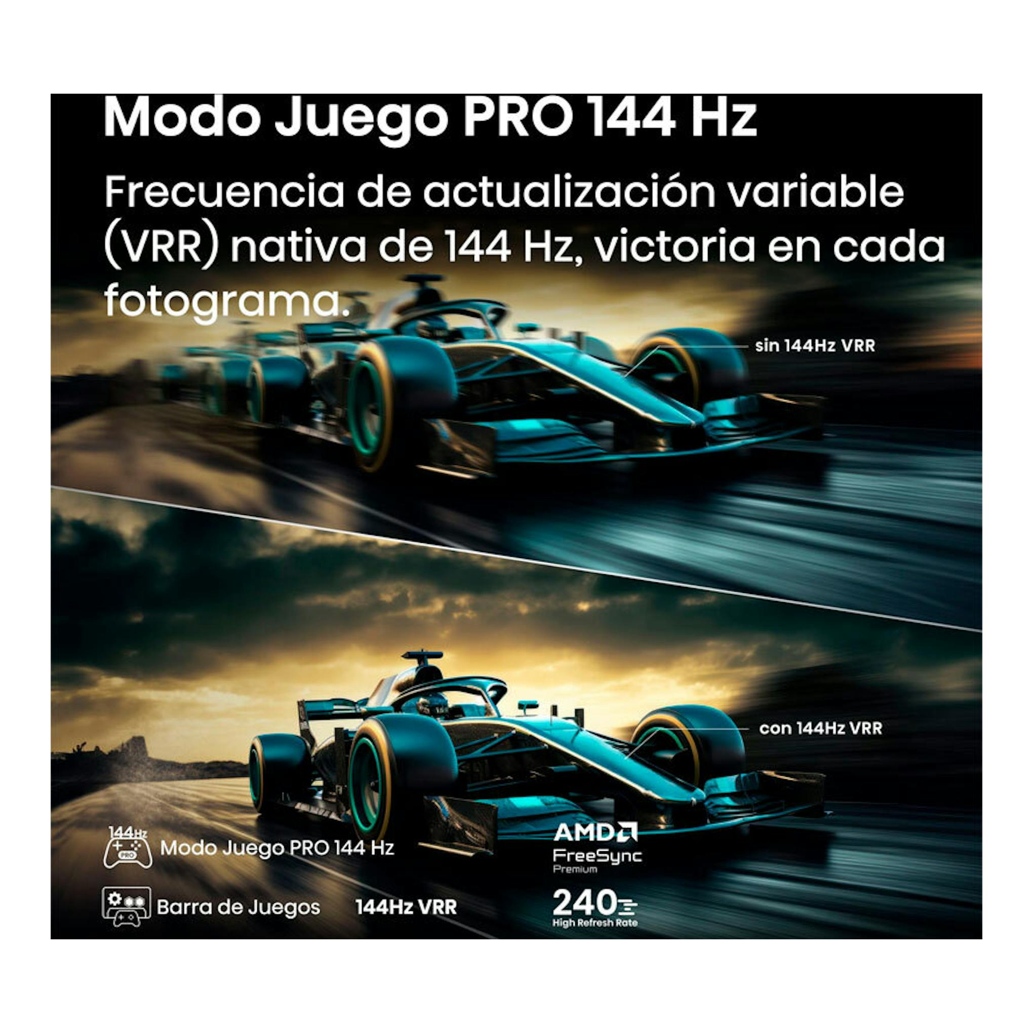 Gráfico promocional de Hisense 50E8Q con coche de F1, comparando sin y con VRR 144 Hz.