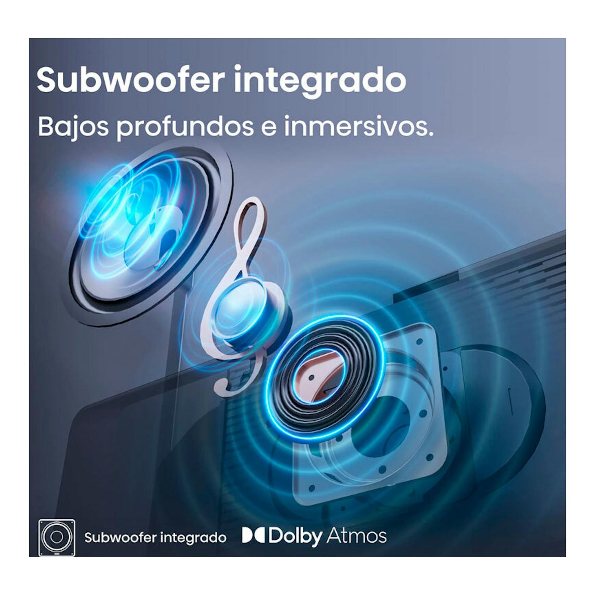 Hisense 50E8Q: subwoofer integrado con ondas azules y logo Dolby Atmos.