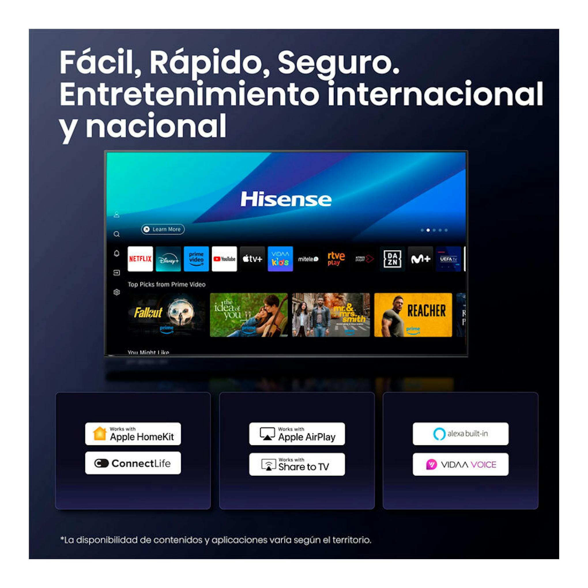 Televisor Hisense 50E8Q MiniLED 4K de 50 pulgadas, vista frontal, con pantalla de inicio y logos de apps.