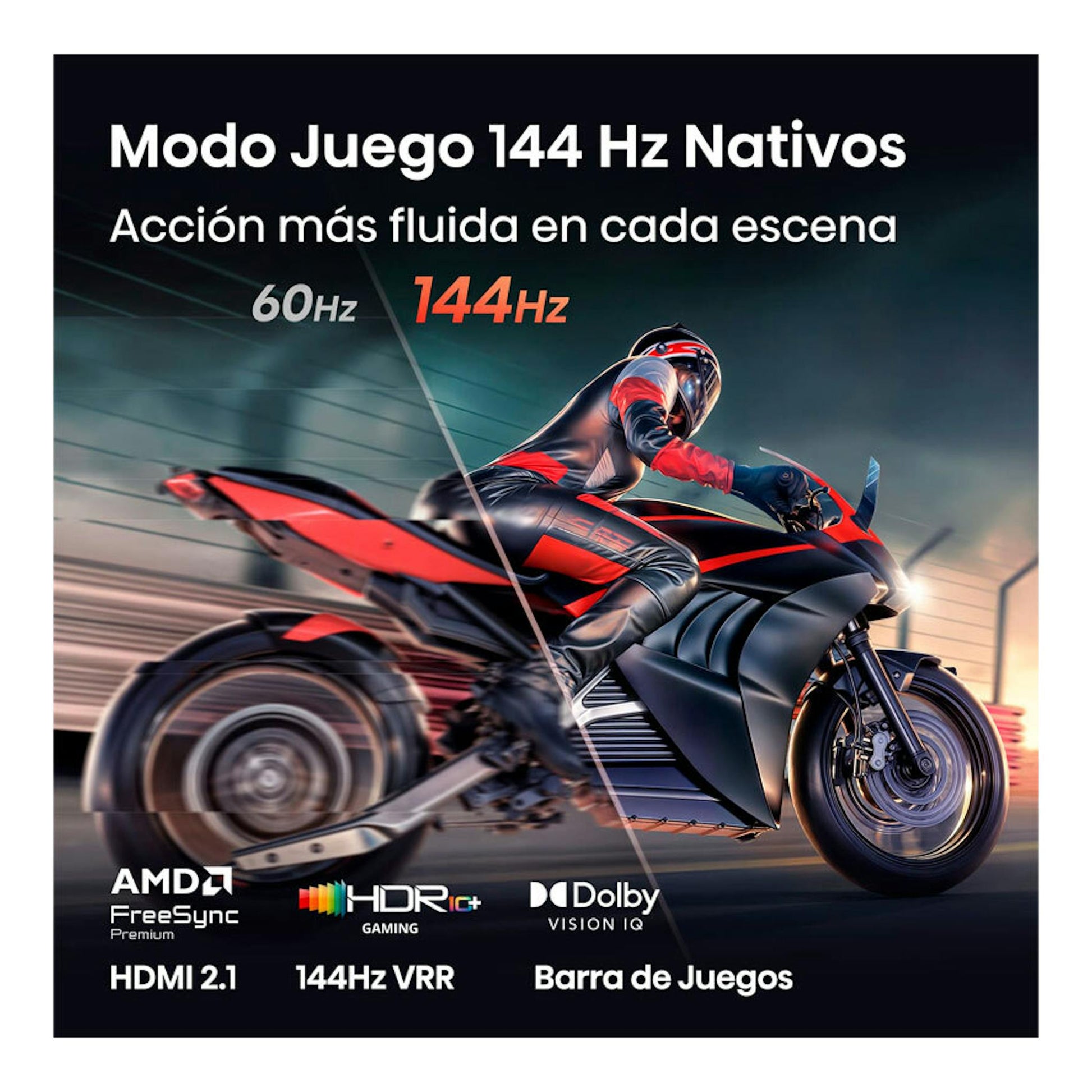 Hisense 50E8S: imagen promocional con moto de carreras y texto sobre modo juego 144 Hz, HDR y HDMI 2.1.
