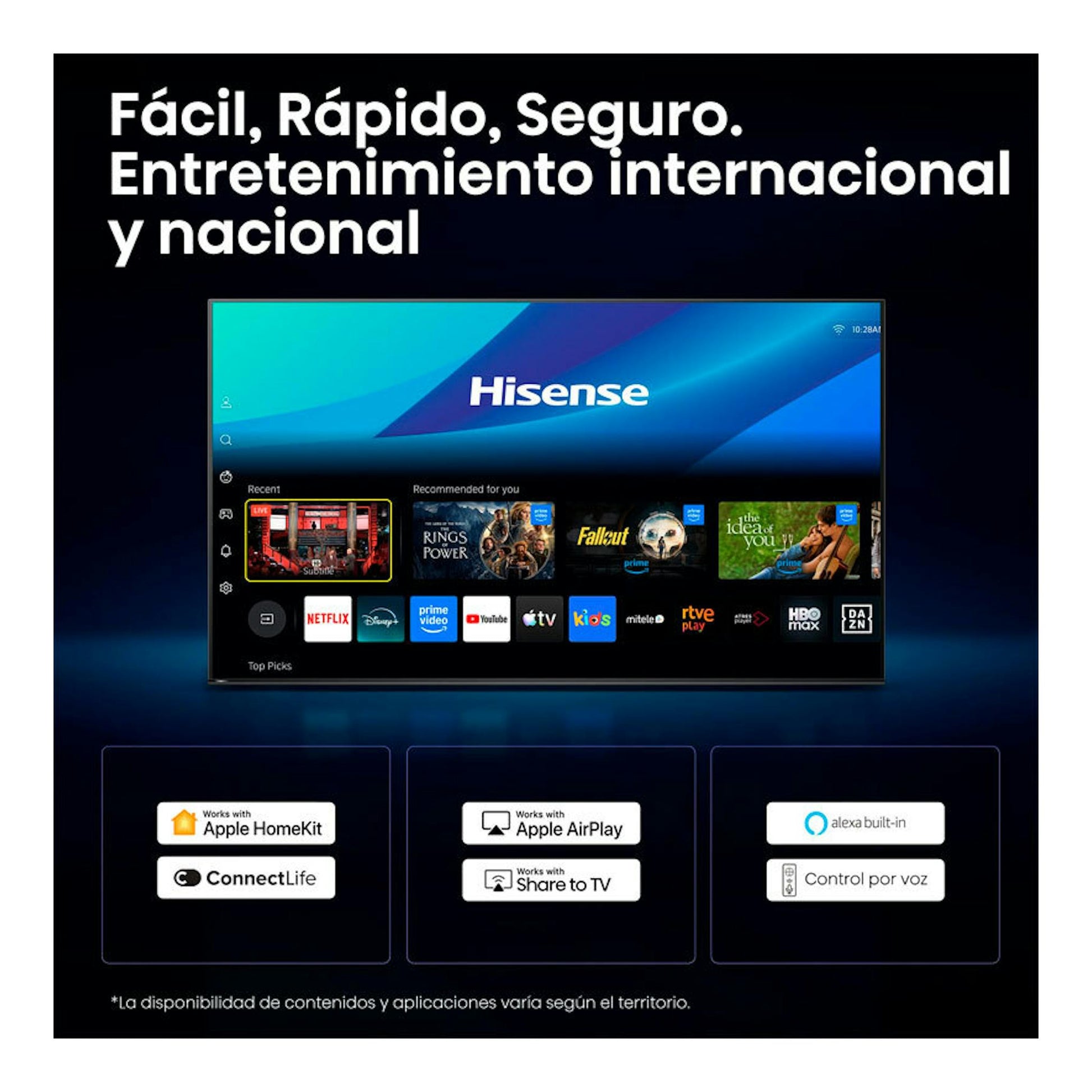 Televisor Hisense 50E8S MiniLED 4K de 50", vista frontal, con interfaz de inicio y logos de apps.