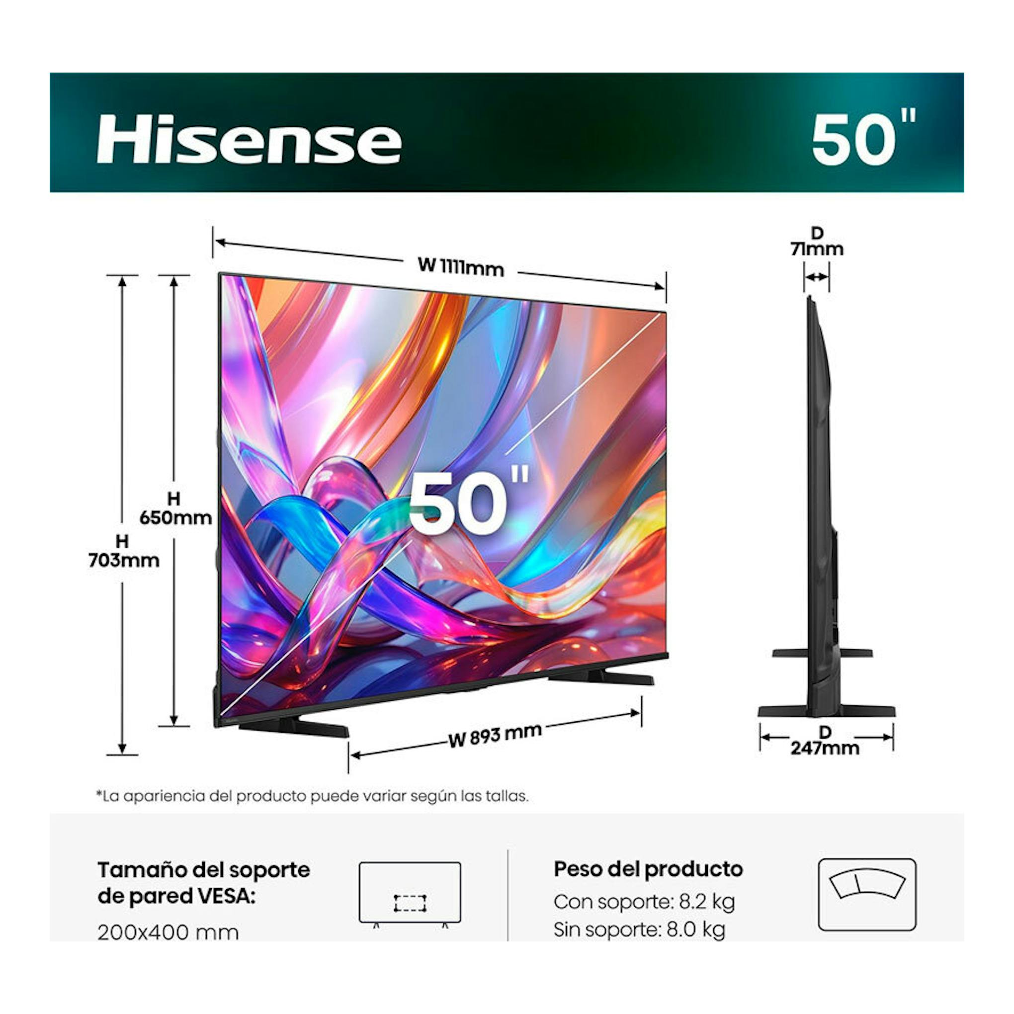 Hisense 50Q7S TV de 50", vista frontal y lateral, con pantalla multicolor y medidas del equipo.