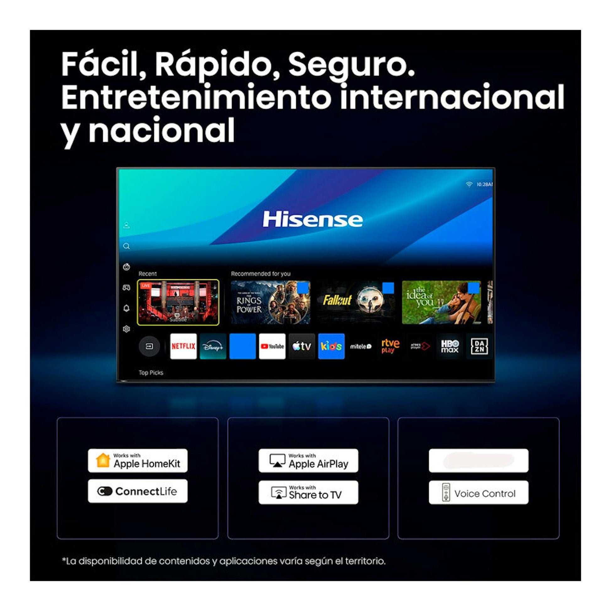 Televisor Hisense 50Q7S en vista frontal, con pantalla de inicio y logos de apps, sobre fondo negro.