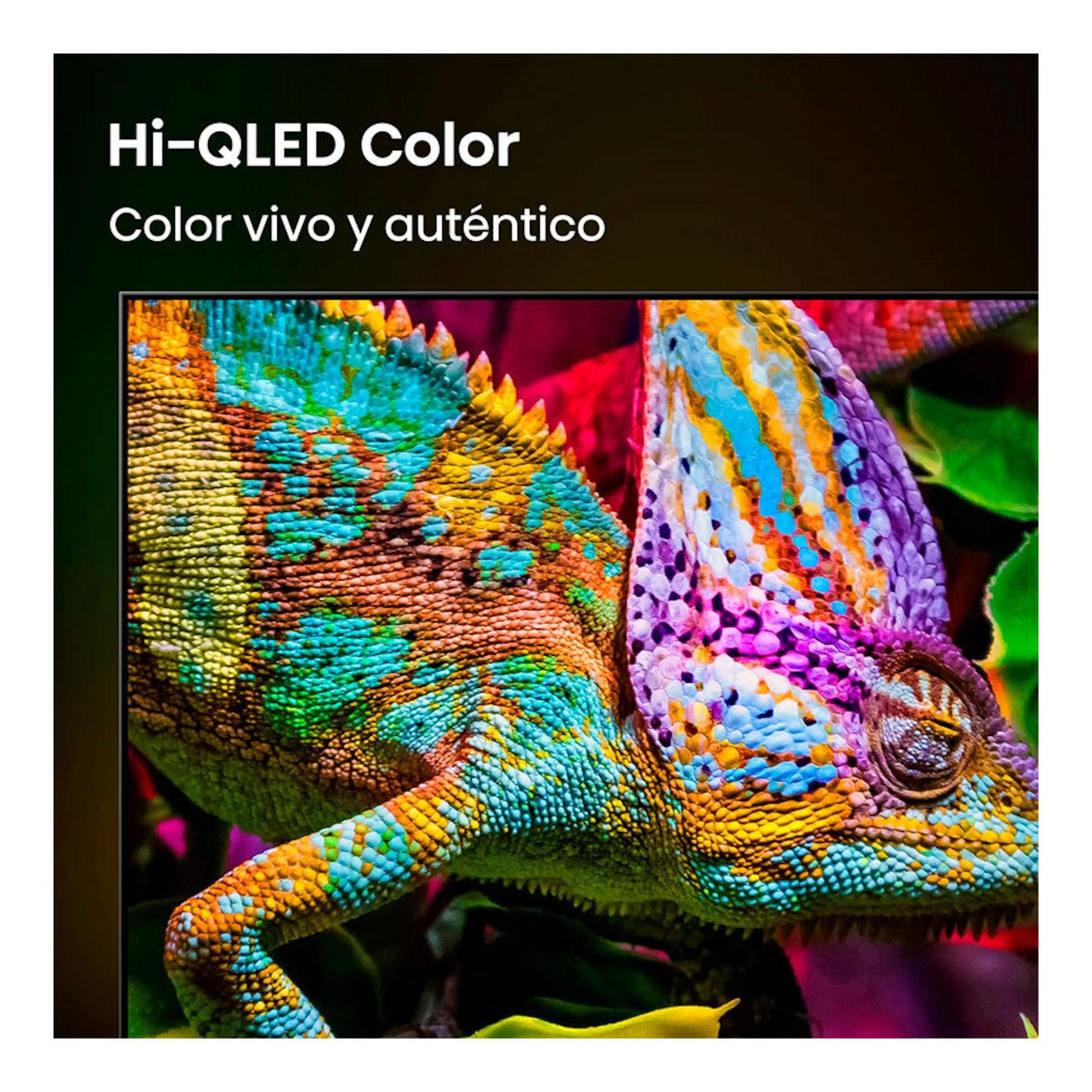 Hisense 55E8S TV 4K de 55", vista frontal, con camaleón multicolor y texto "Hi-QLED Color".