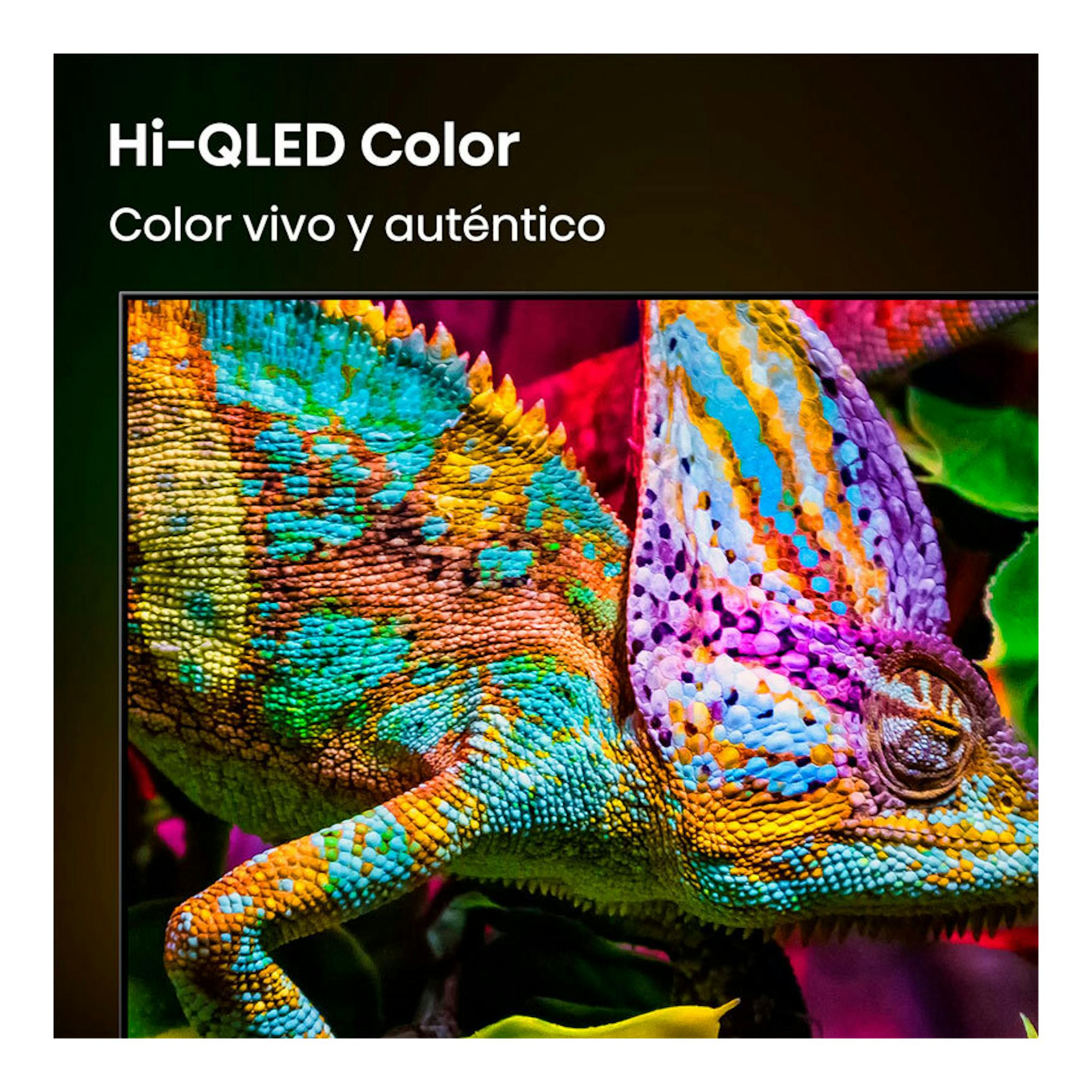 Hisense 55E8S TV 4K de 55", vista frontal, con camaleón multicolor y texto "Hi-QLED Color".