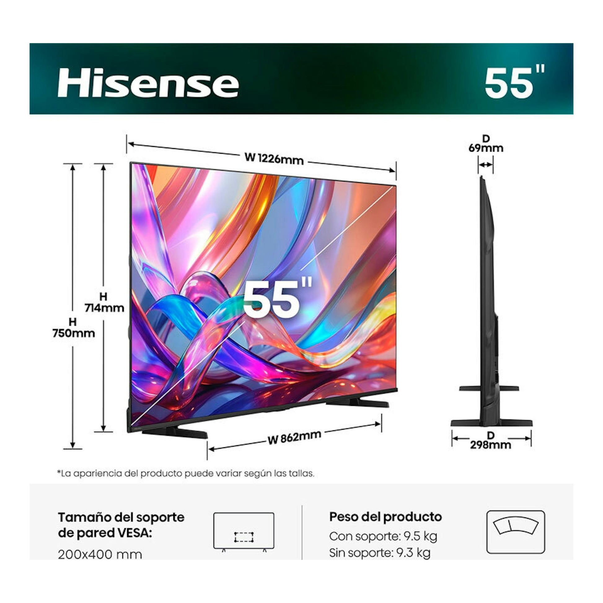 Hisense 55Q7S TV QLED 55” en vista frontal y lateral, con medidas y soporte negro.