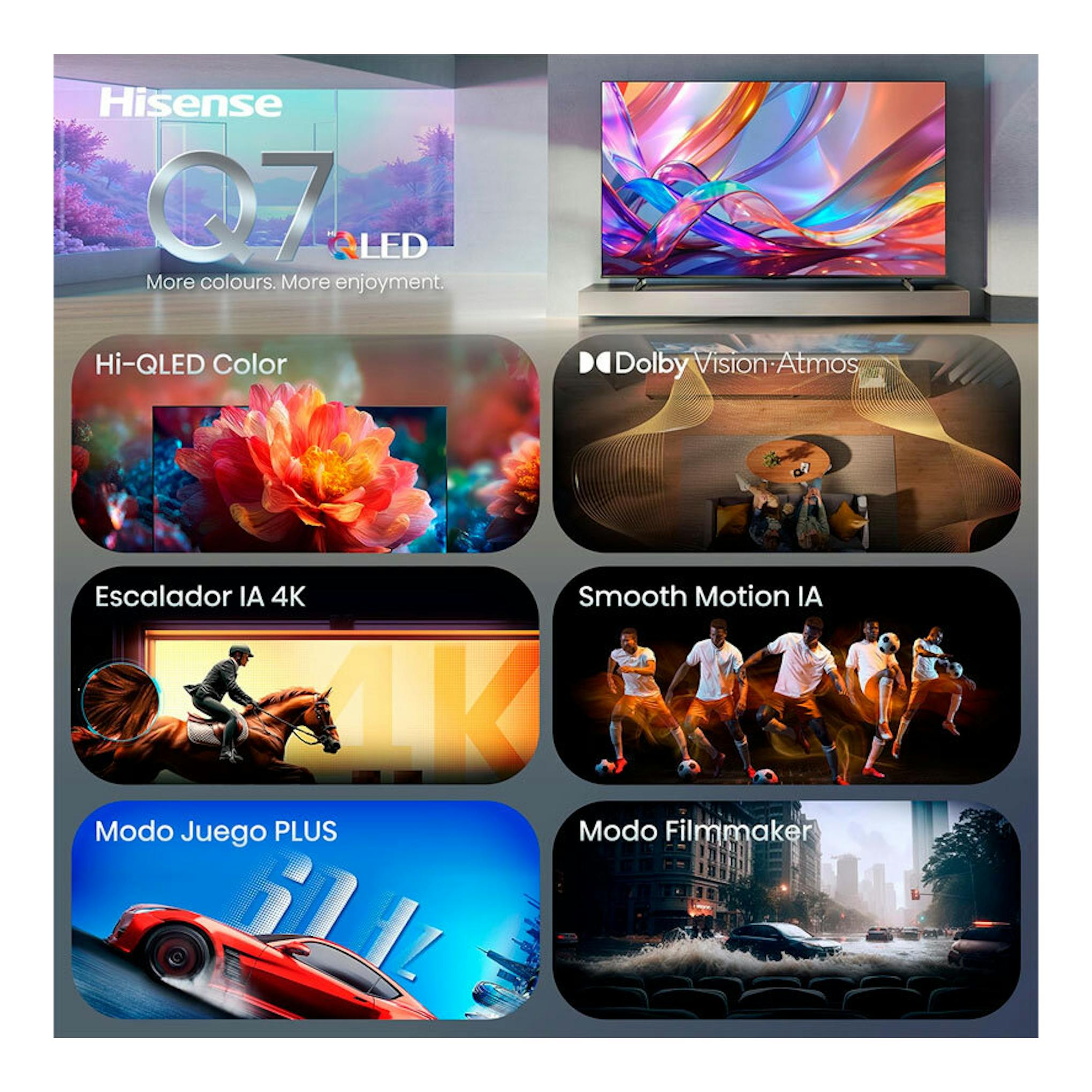Televisor Hisense 55Q7S QLED 4K, vista frontal, junto a collage de funciones y escenas coloridas.
