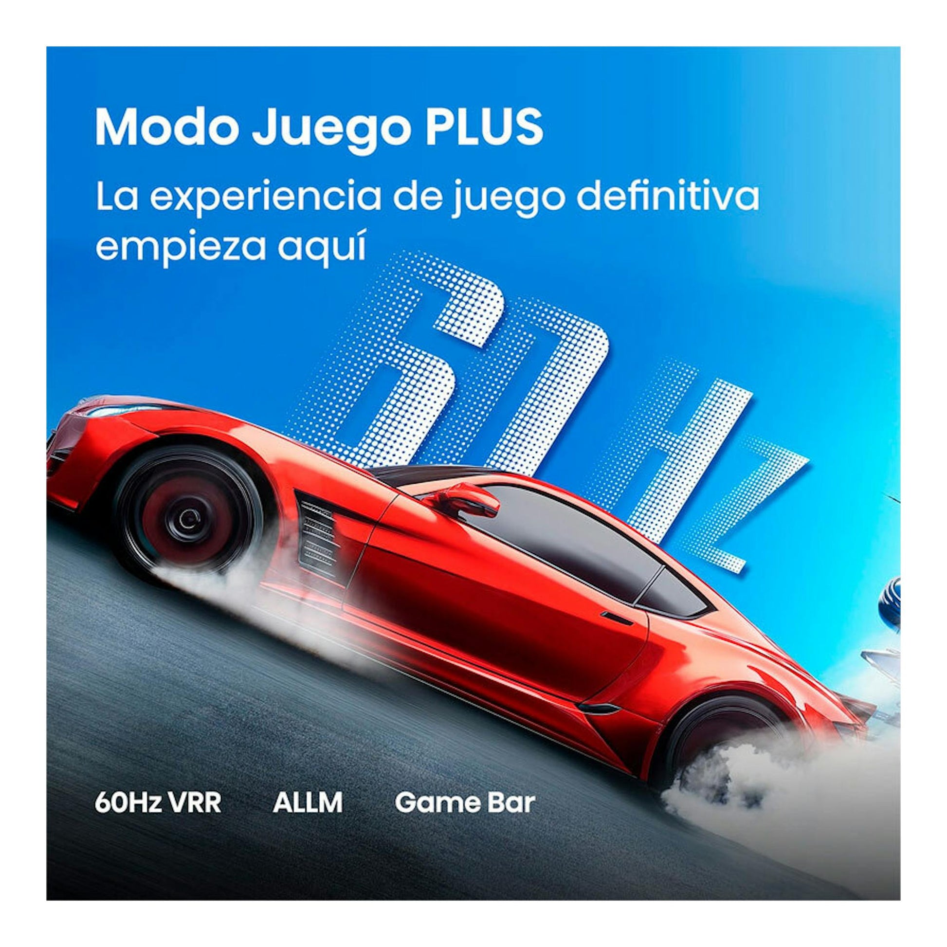 Hisense 55Q7S: gráfica promocional con coche deportivo rojo sobre fondo azul y texto «Modo Juego PLUS».