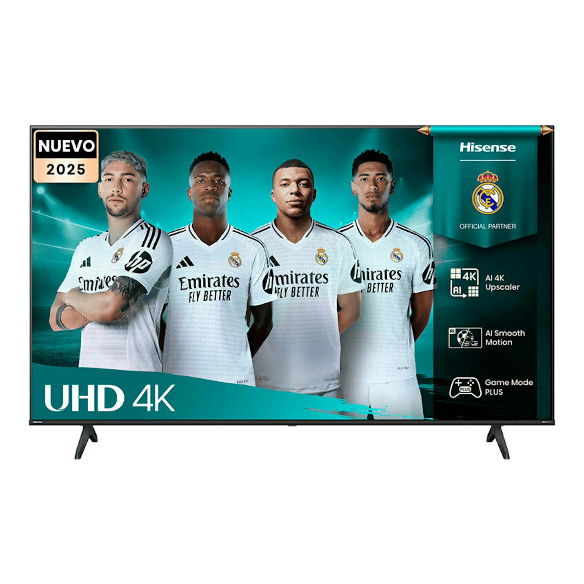 Televisor Hisense 65A6Q LED 4K negro, vista frontal, con peanas y pantalla promocional de Real Madrid.