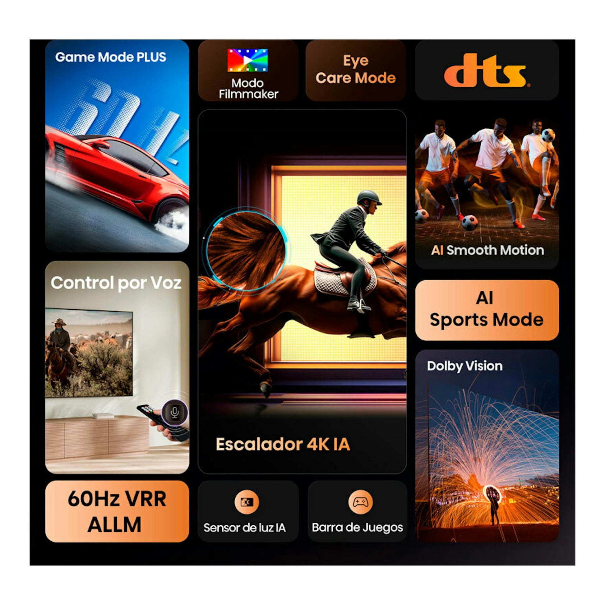 Collage promocional frontal del Hisense 65A6Q 4K de 65", con iconos de juego, voz y Dolby Vision.