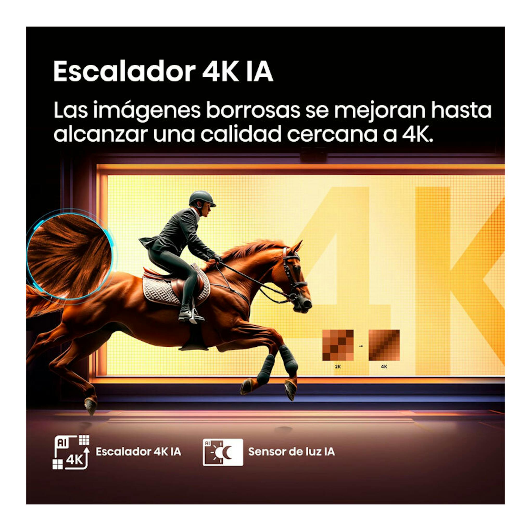 Gráfico promocional de Hisense 65A6Q: caballo frente a pantalla con texto «Escalador 4K IA».