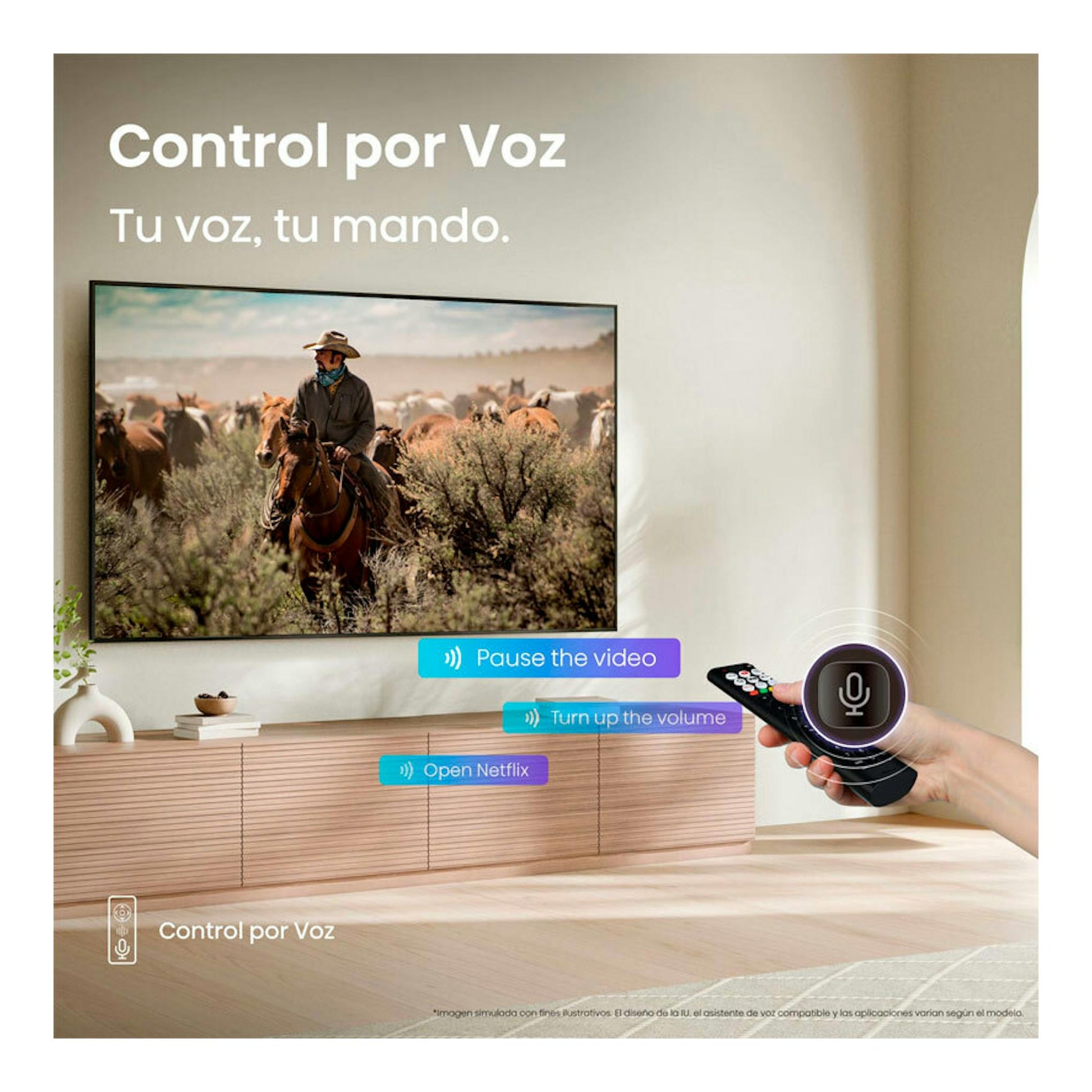 Televisor Hisense 65A6Q LED 4K de 65", visto de frente en pared, con imagen de un jinete y un mando con voz.