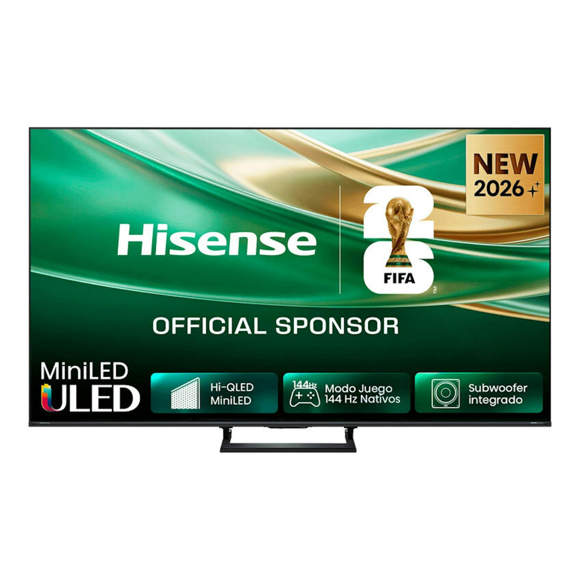Televisor Hisense 65E8S MiniLED, vista frontal, pantalla verde y dorada, con soporte negro.