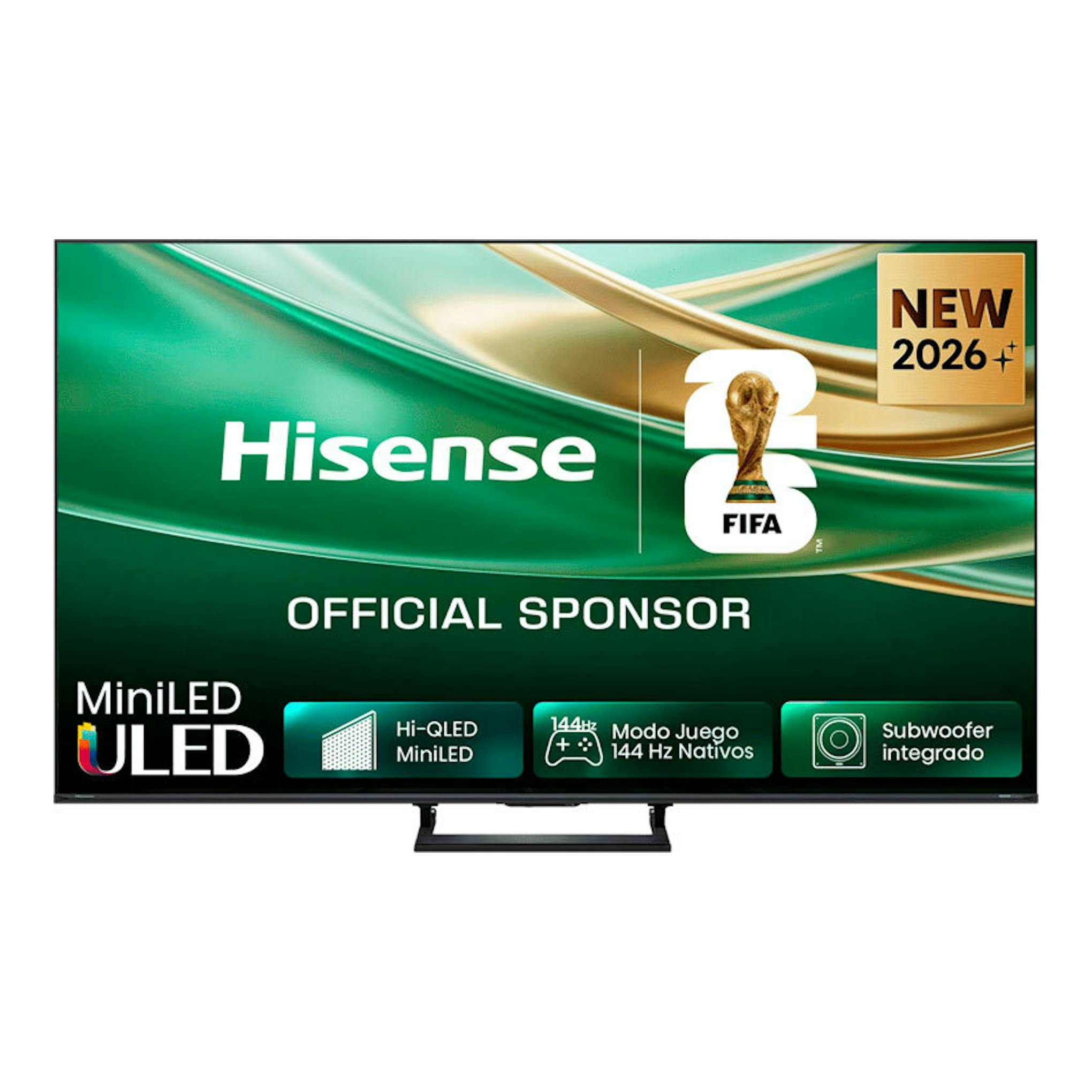 Televisor Hisense 65E8S MiniLED, vista frontal, pantalla verde y dorada, con soporte negro.