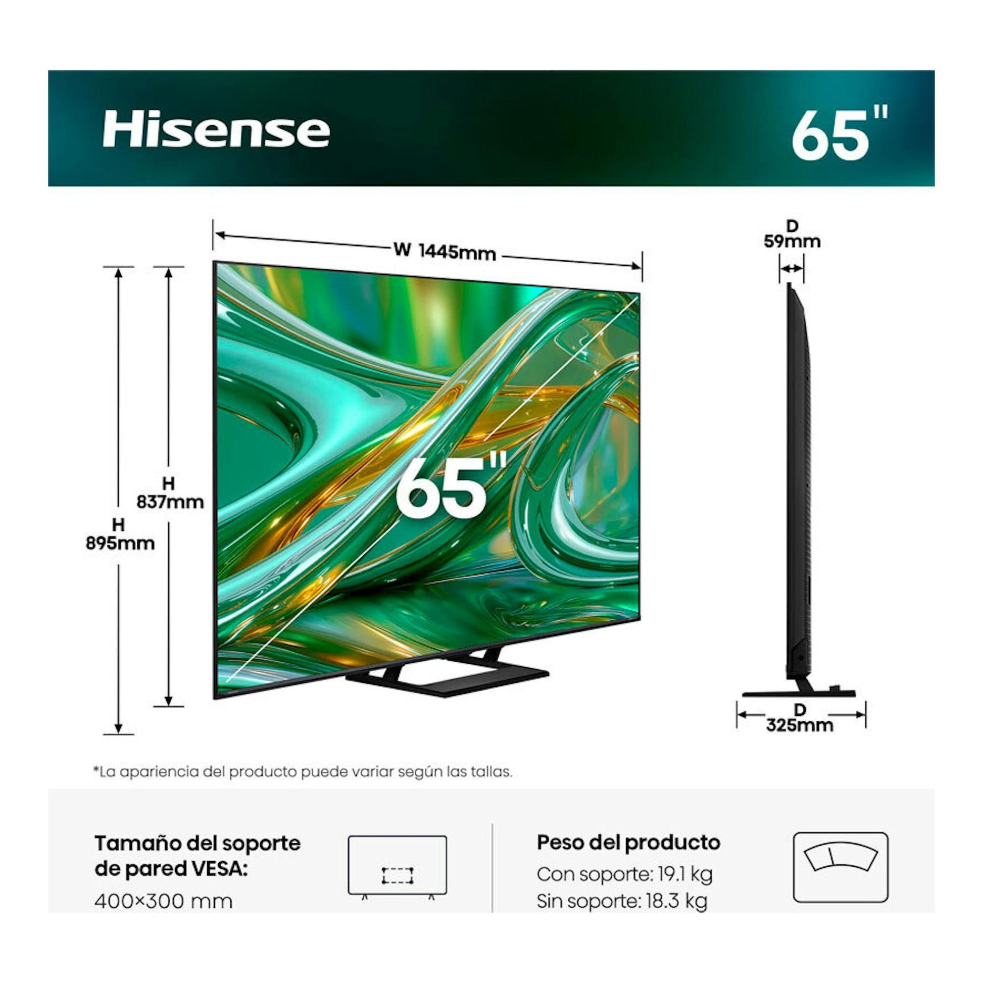 Televisor Hisense 65E8S de 65", vista frontal y lateral con medidas y soporte.