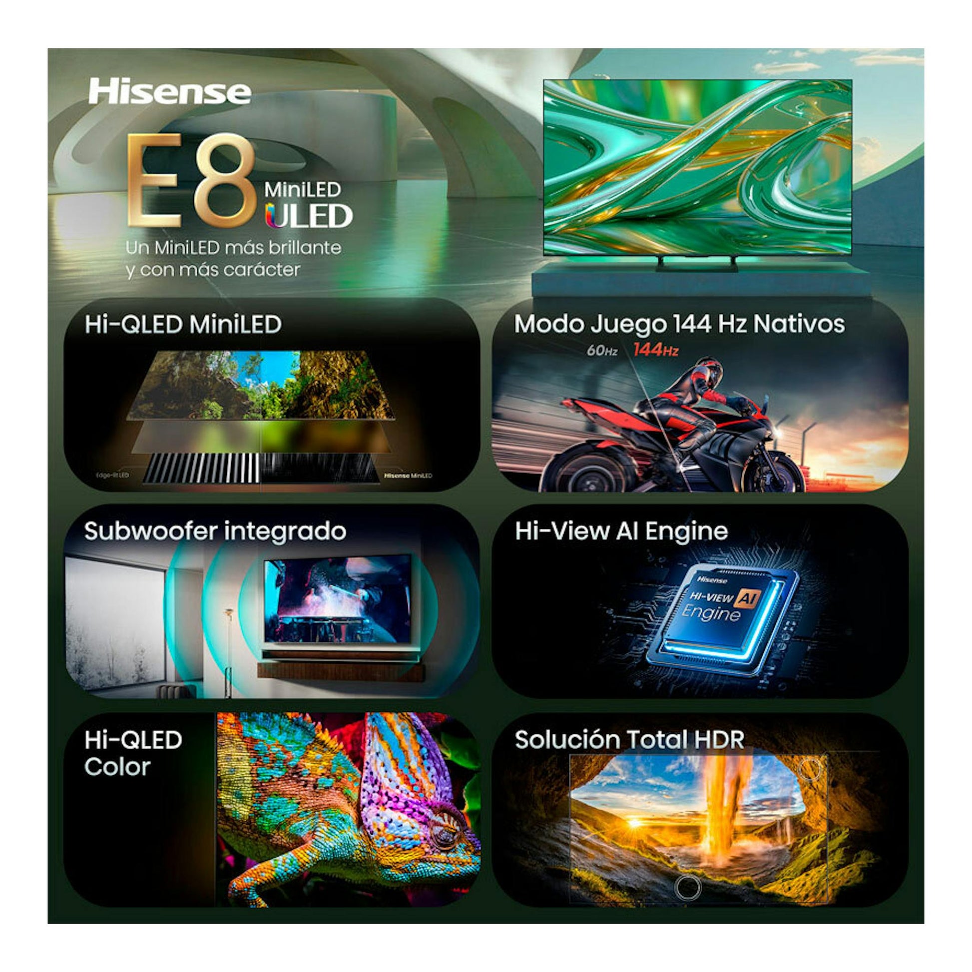 Hisense 65E8S MiniLED ULED 65": televisor frontal con paneles de funciones y escenas promocionales.