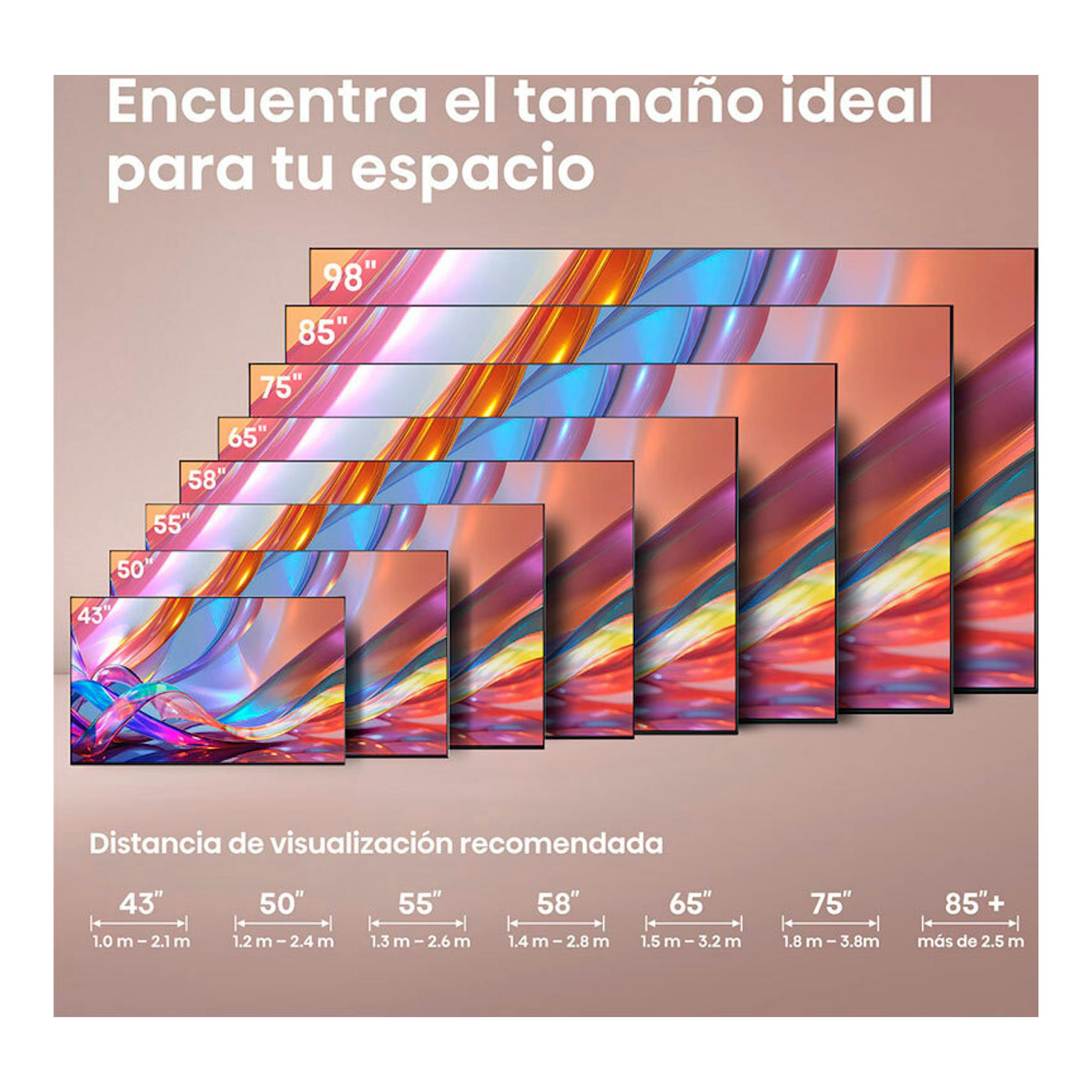 Infografía de Hisense 65Q7S: tamaños de TV de 43" a 98" y distancias de visualización recomendadas.