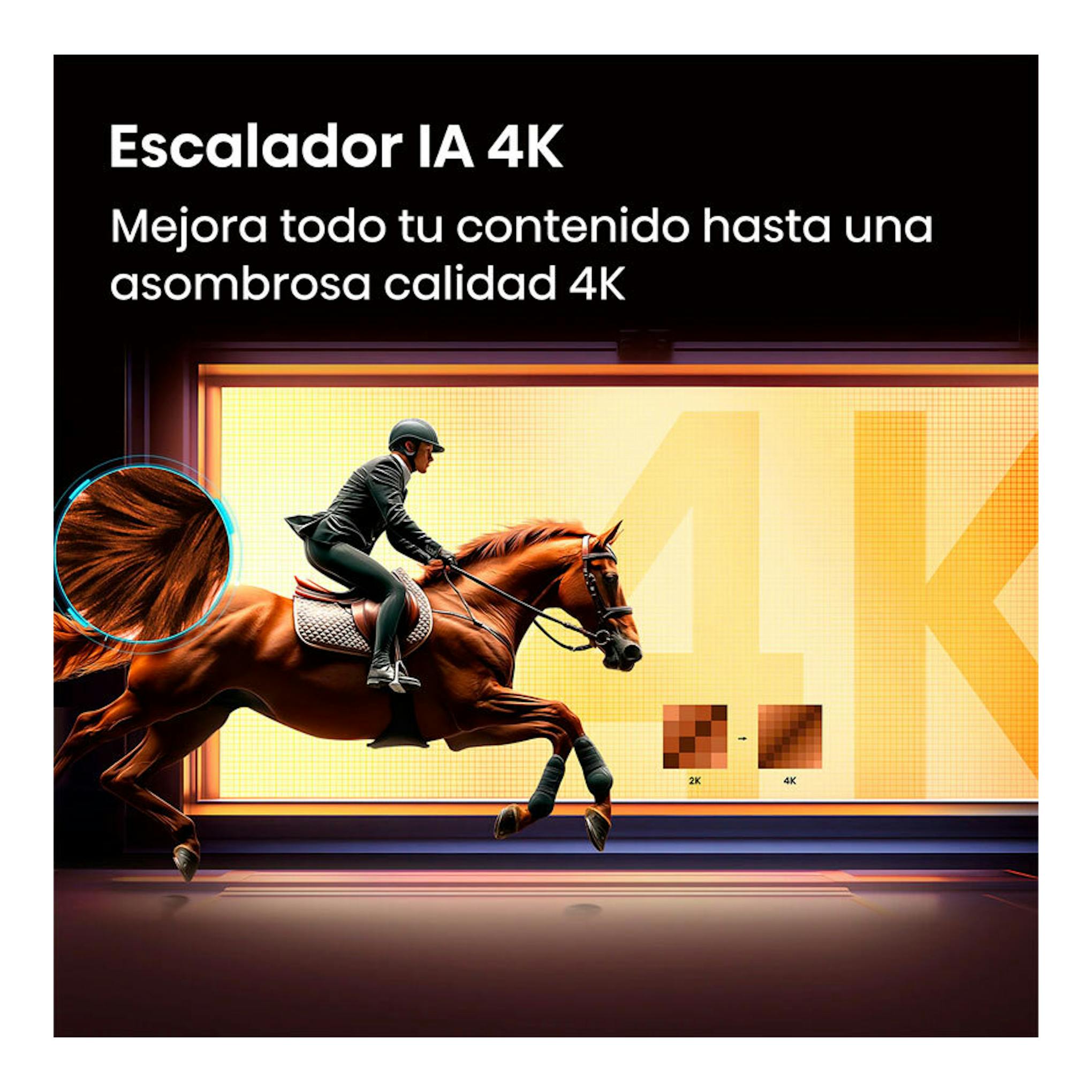 Vista frontal de un anuncio de Hisense 65Q7S con un jinete a caballo frente a una pantalla y texto “Escalador IA 4K”.