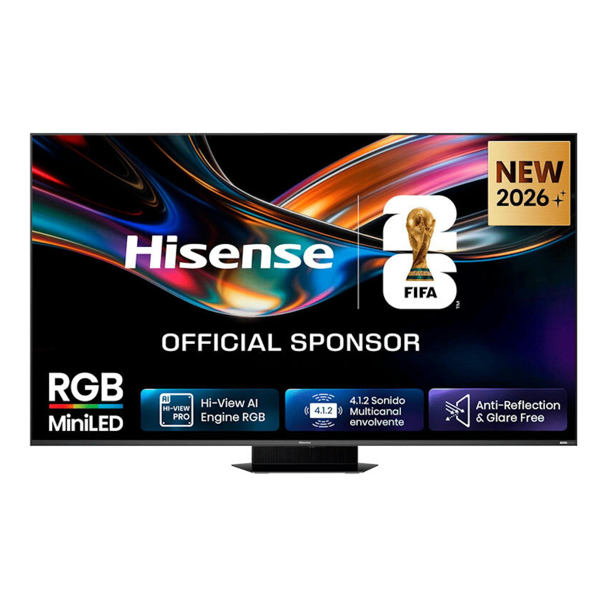 Televisor Hisense 65UR9S, vista frontal, pantalla negra con gráfica promocional y base central.