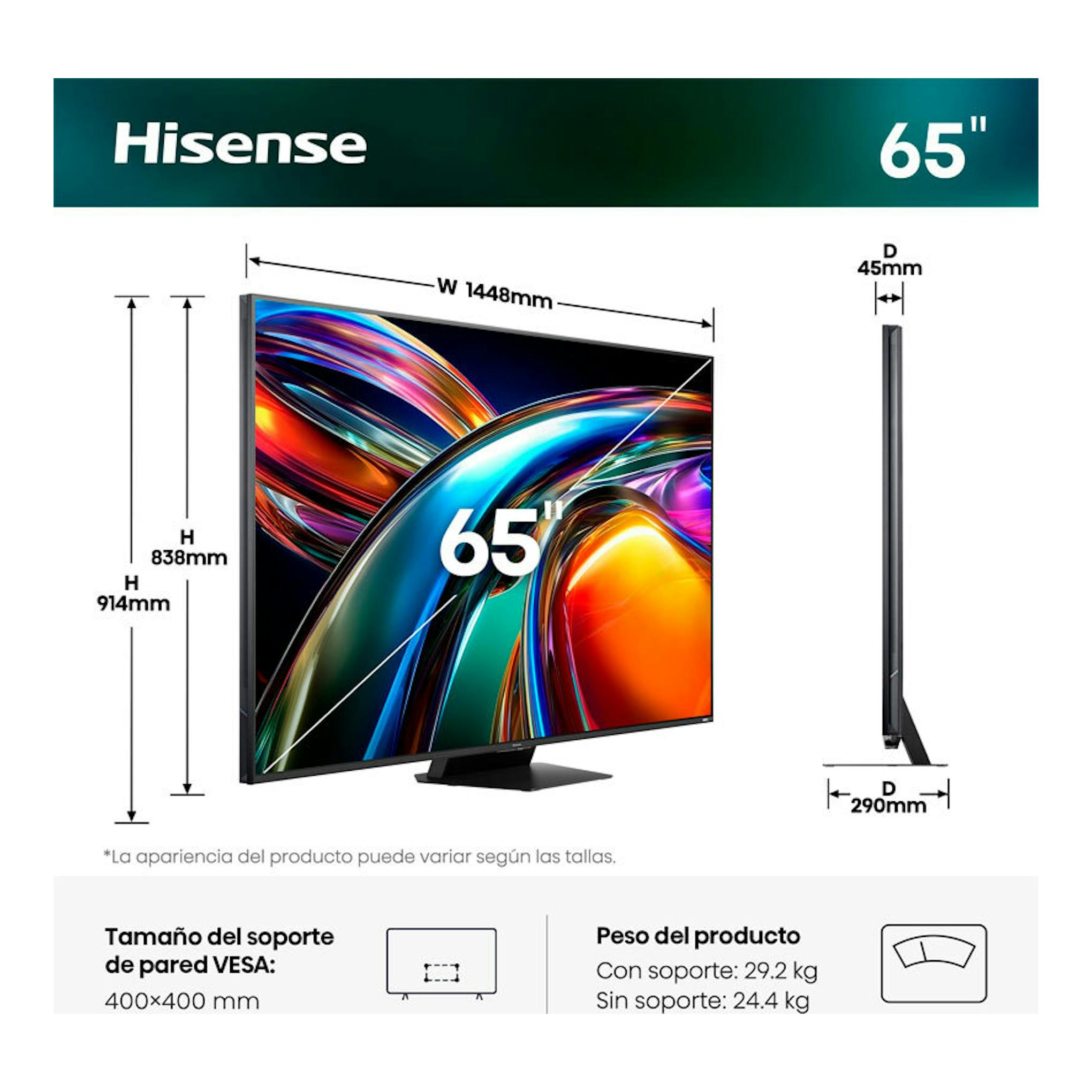 TV Hisense 65UR9S de 65", vista frontal y lateral, negra, con medidas y soporte VESA 400x400 mm.