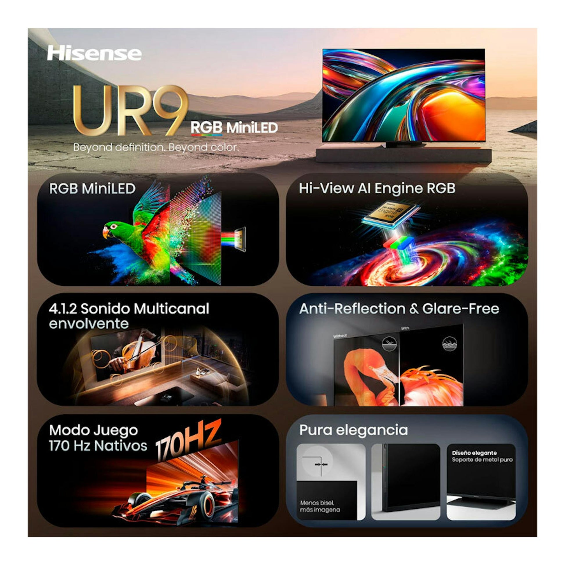 Anuncio de TV Hisense UR9 RGB MiniLED 4K de 65”, vista frontal sobre soporte, con collage de funciones.
